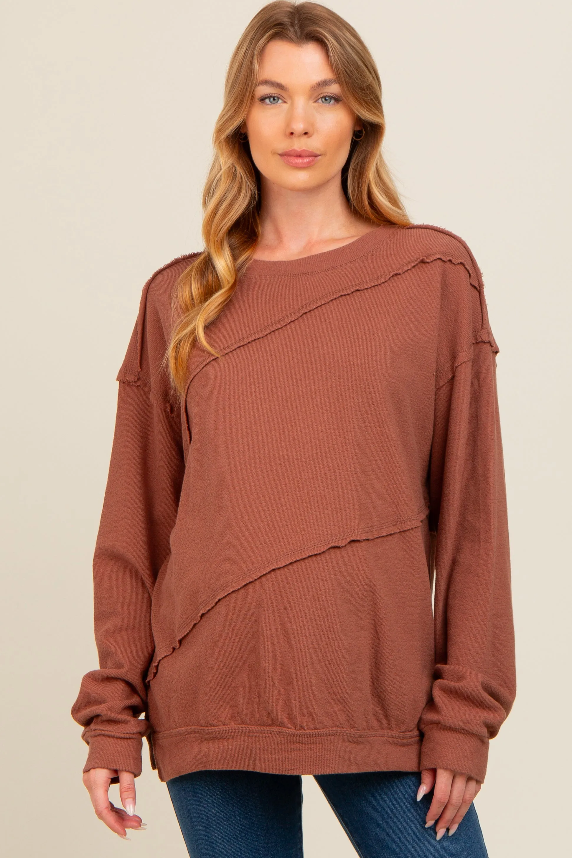Brown Exposed Seam Dolman Sleeve Maternity Sweatshirt sold by Pinkblush product image thumbnail 2