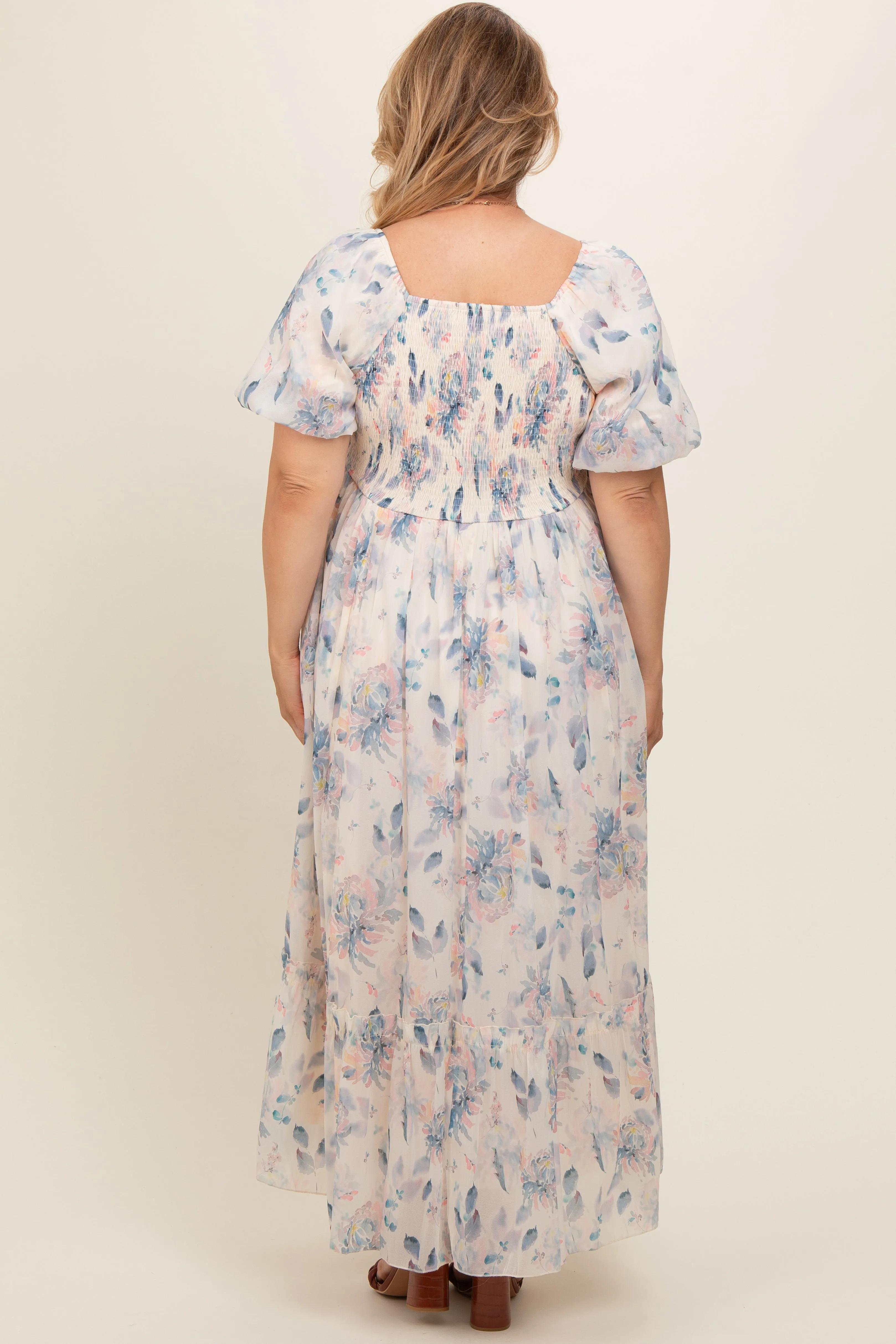 Beige Floral Puff Sleeve Plus Maternity Maxi Dress sold by Pinkblush product image thumbnail 4