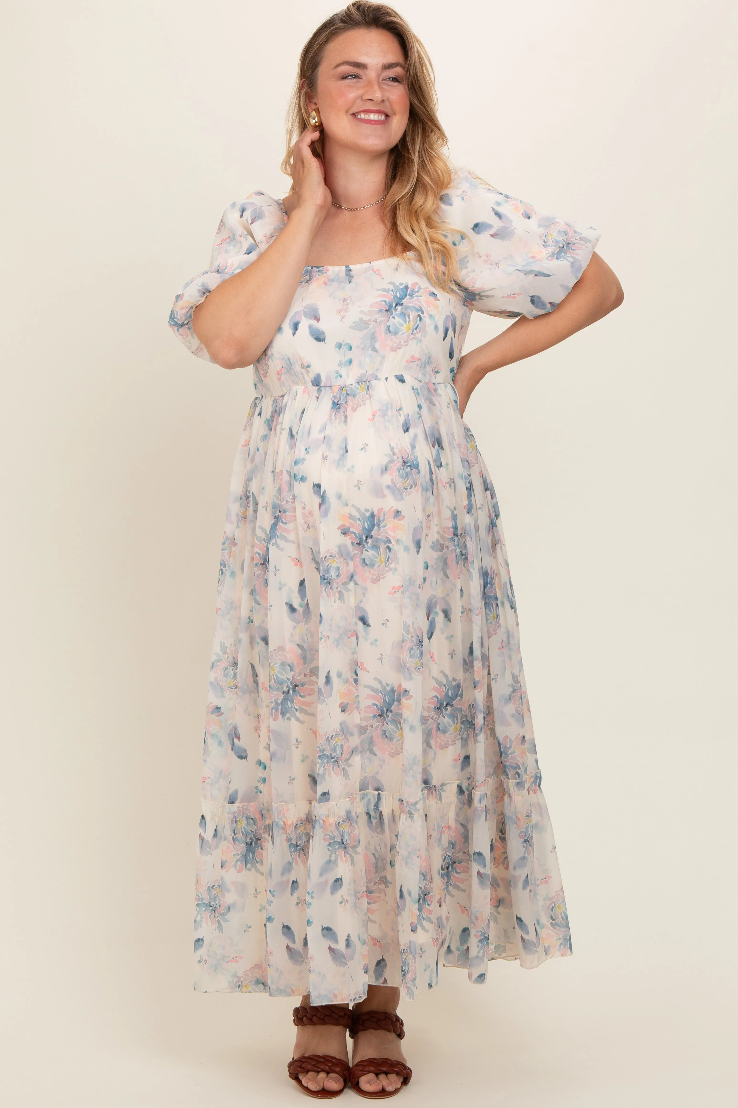 Beige Floral Puff Sleeve Plus Maternity Maxi Dress sold by Pinkblush