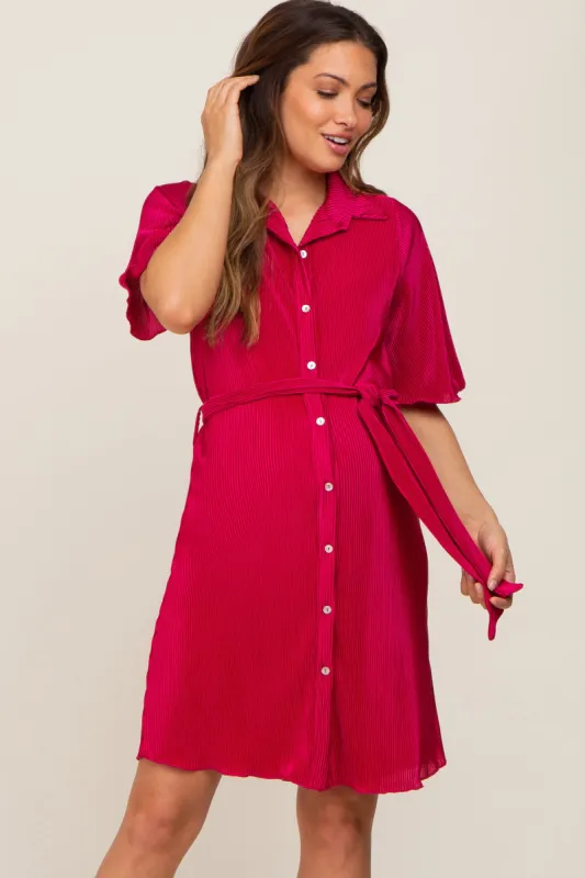 Magenta Pleated Button Front Tied Waist Maternity Dress sold by Pinkblush