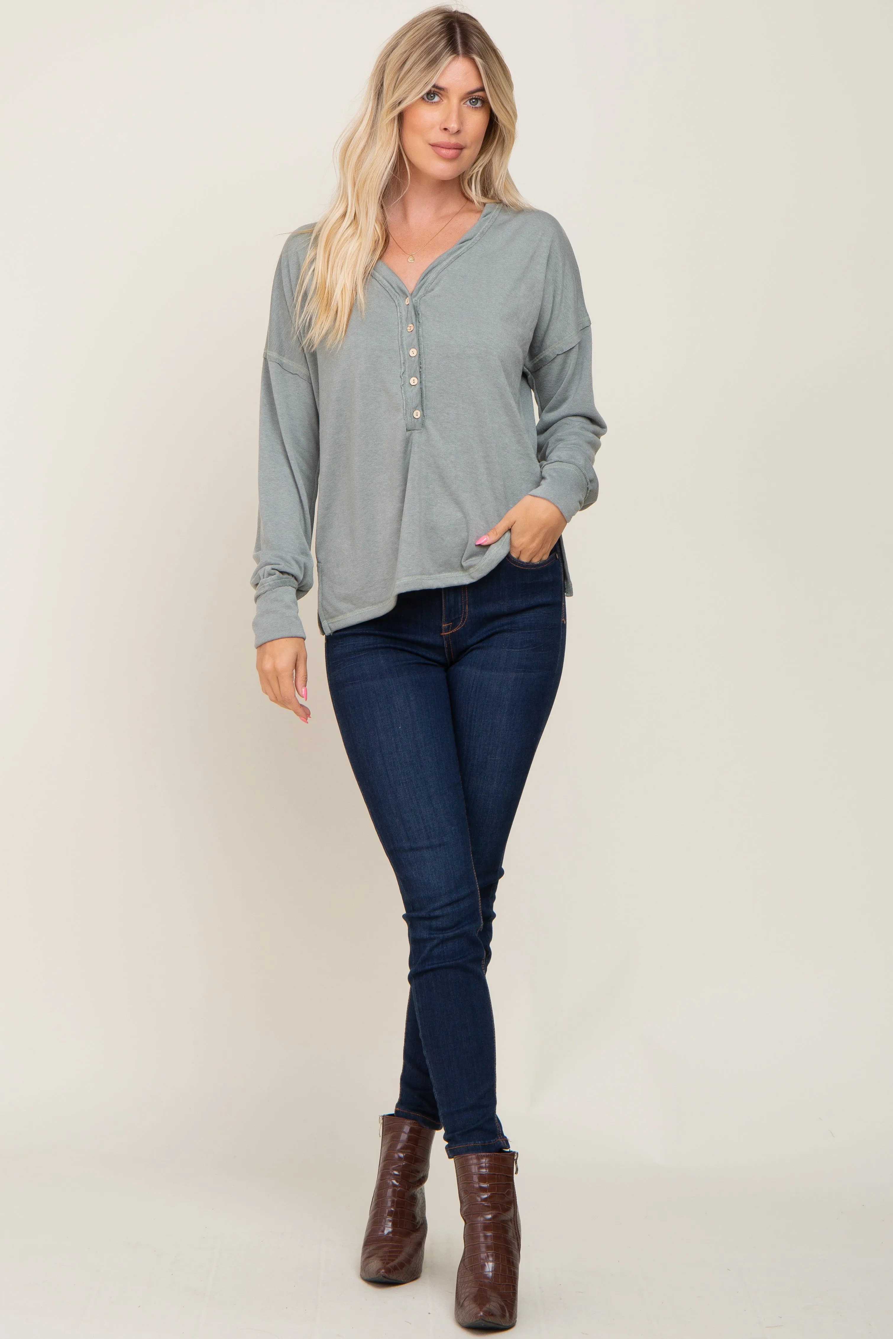 Sage Button Front Terry Long Sleeve Top sold by Pinkblush product image thumbnail 4