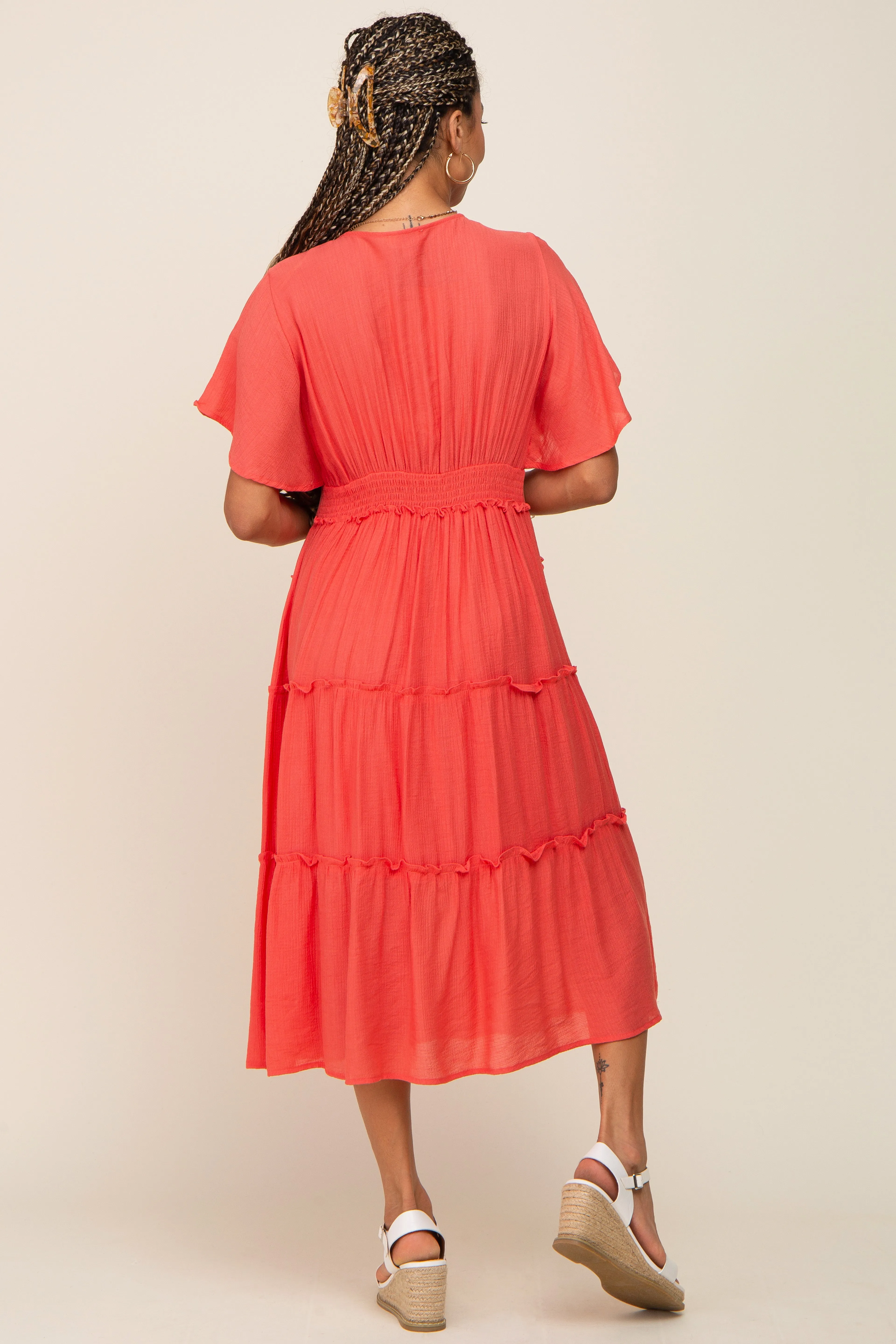 Coral Ruffle Tiered V-Neck Midi Dress sold by Pinkblush product image thumbnail 3