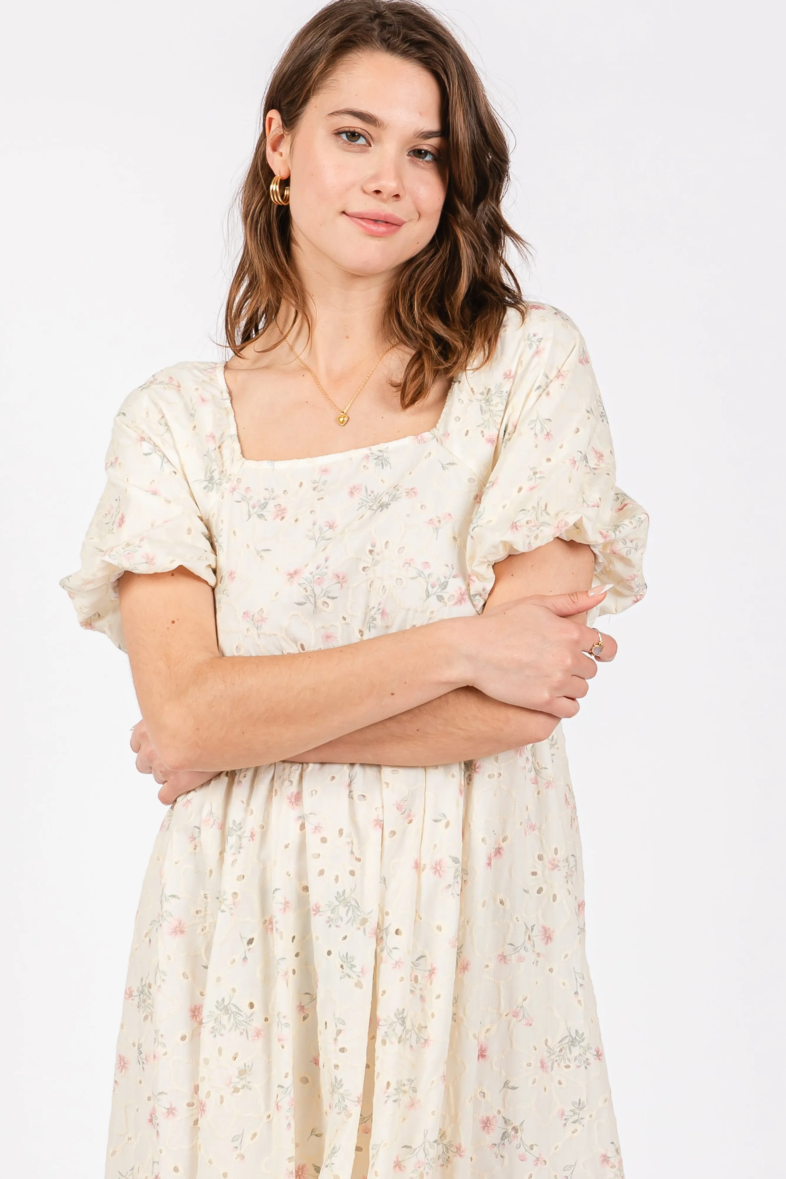 Ivory Floral Eyelet Puff Sleeve Maxi Dress sold by Pinkblush product image thumbnail 4