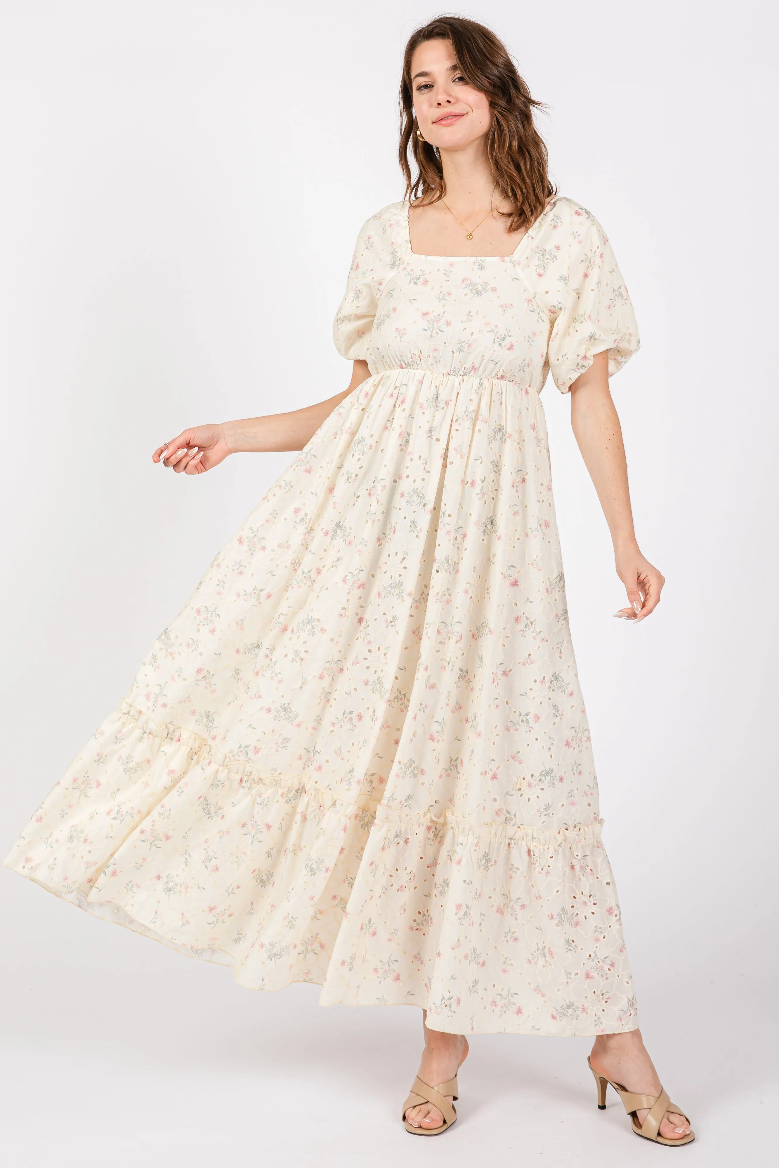 Ivory Floral Eyelet Puff Sleeve Maxi Dress sold by Pinkblush