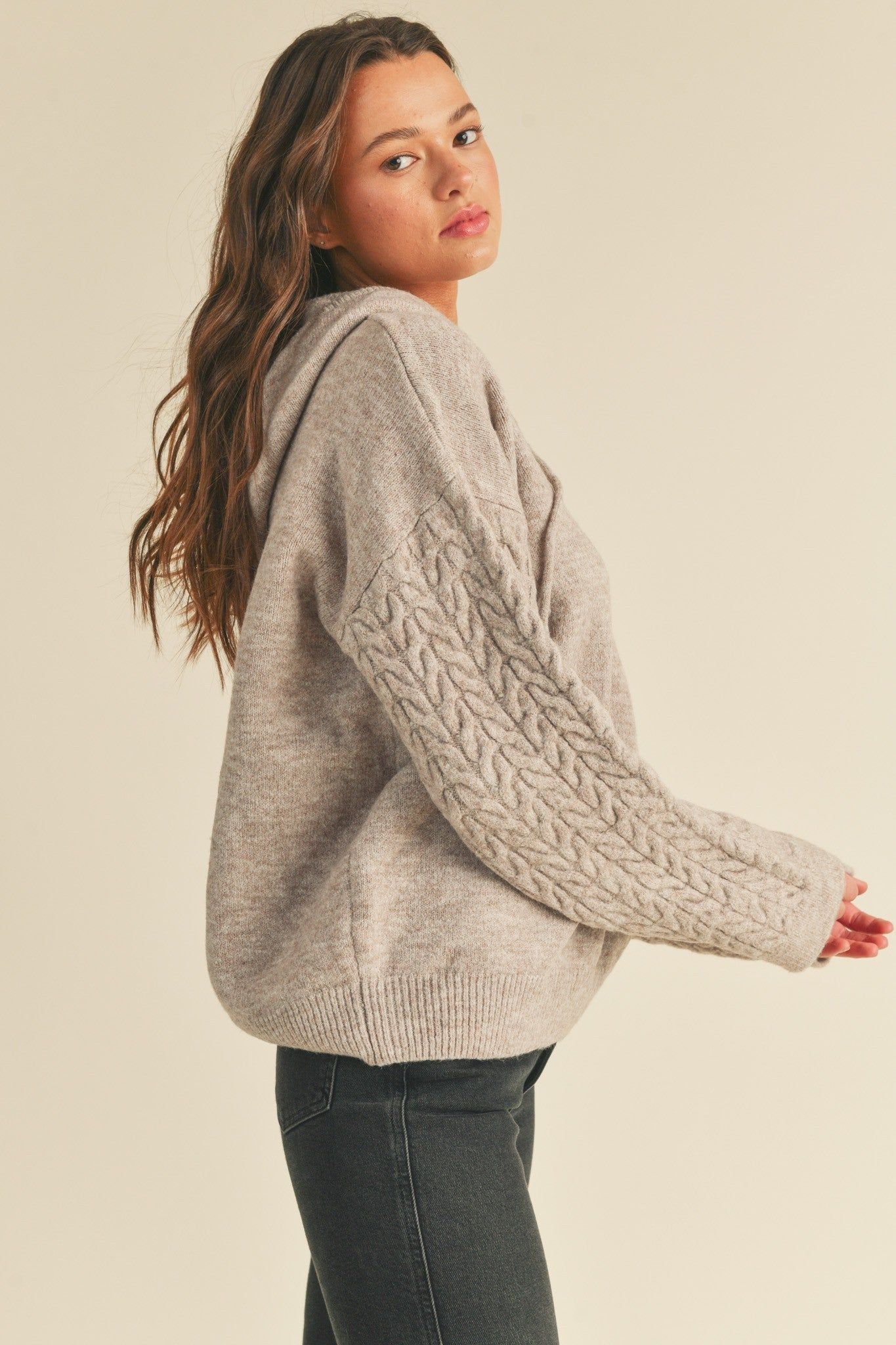 Taupe Mixed Knit Hooded Sweater sold by Pinkblush product image thumbnail 2