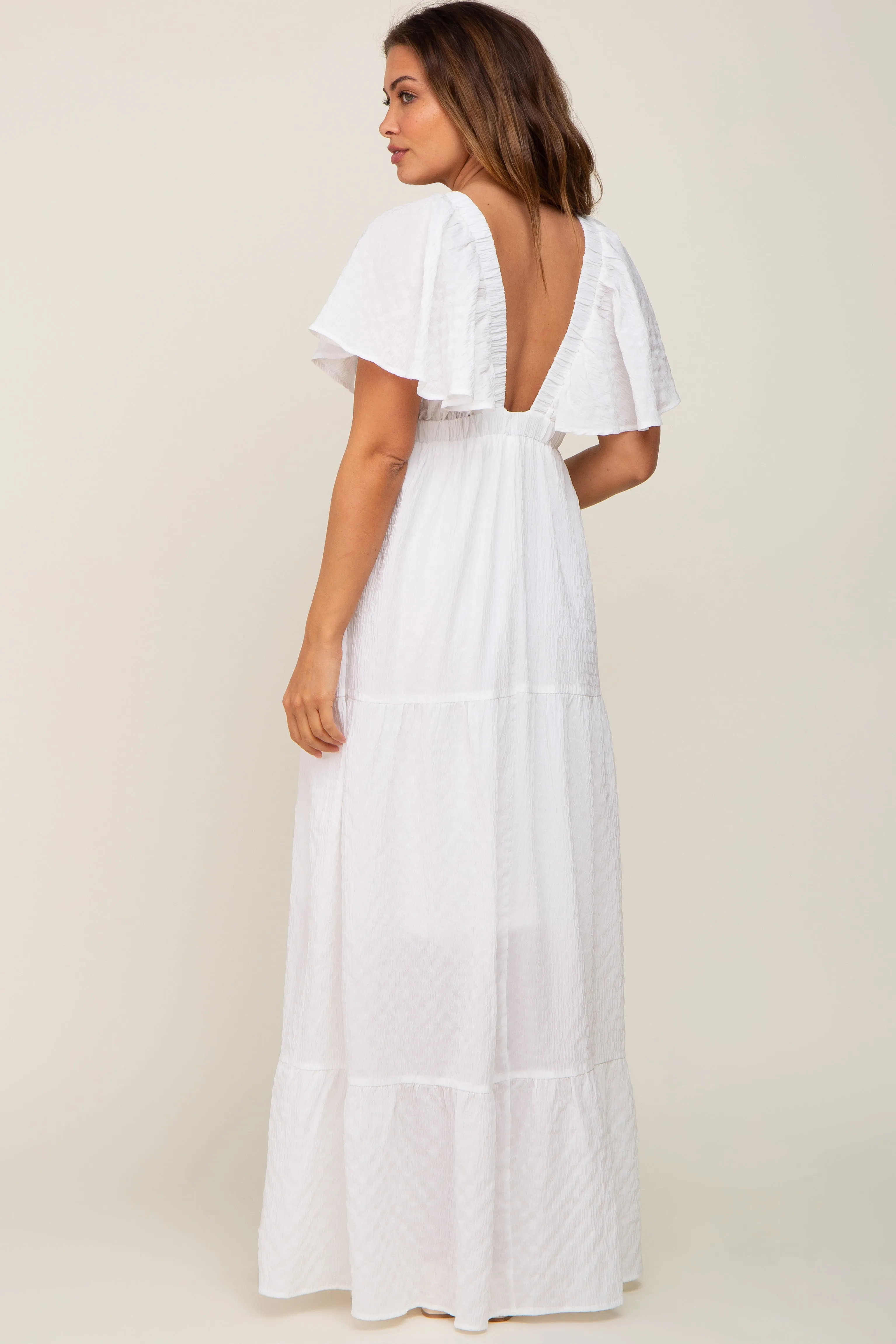 White Crepe Flounce Sleeve Tiered Maternity Maxi Dress sold by Pinkblush product image thumbnail 3