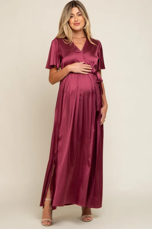 Burgundy Satin Wrap Maternity/Nursing Dress sold by Pinkblush