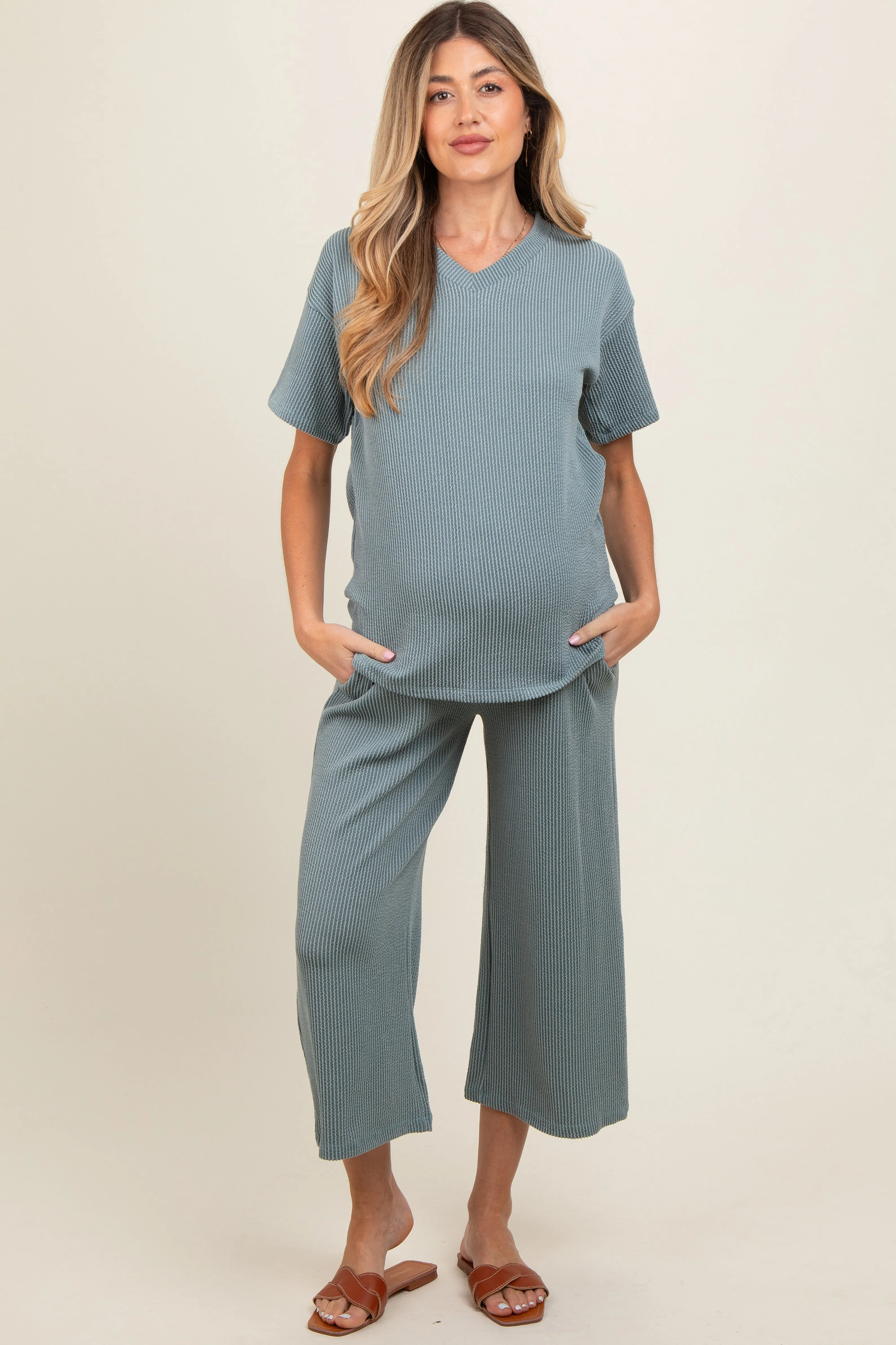 Dark Teal Ribbed Short Sleeve Top Maternity Pajama Set sold by Pinkblush product image thumbnail 2