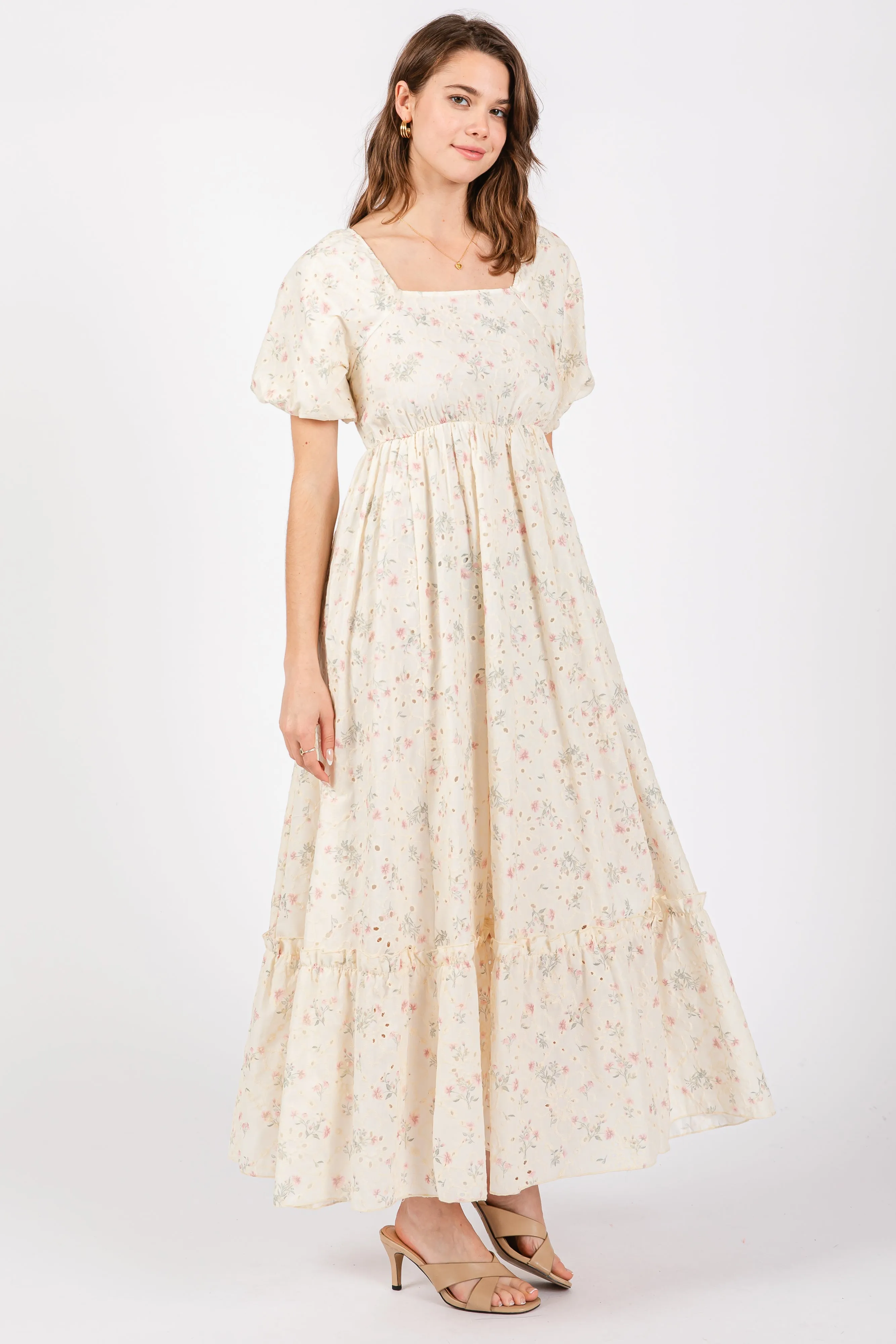Ivory Floral Eyelet Puff Sleeve Maxi Dress sold by Pinkblush product image thumbnail 2