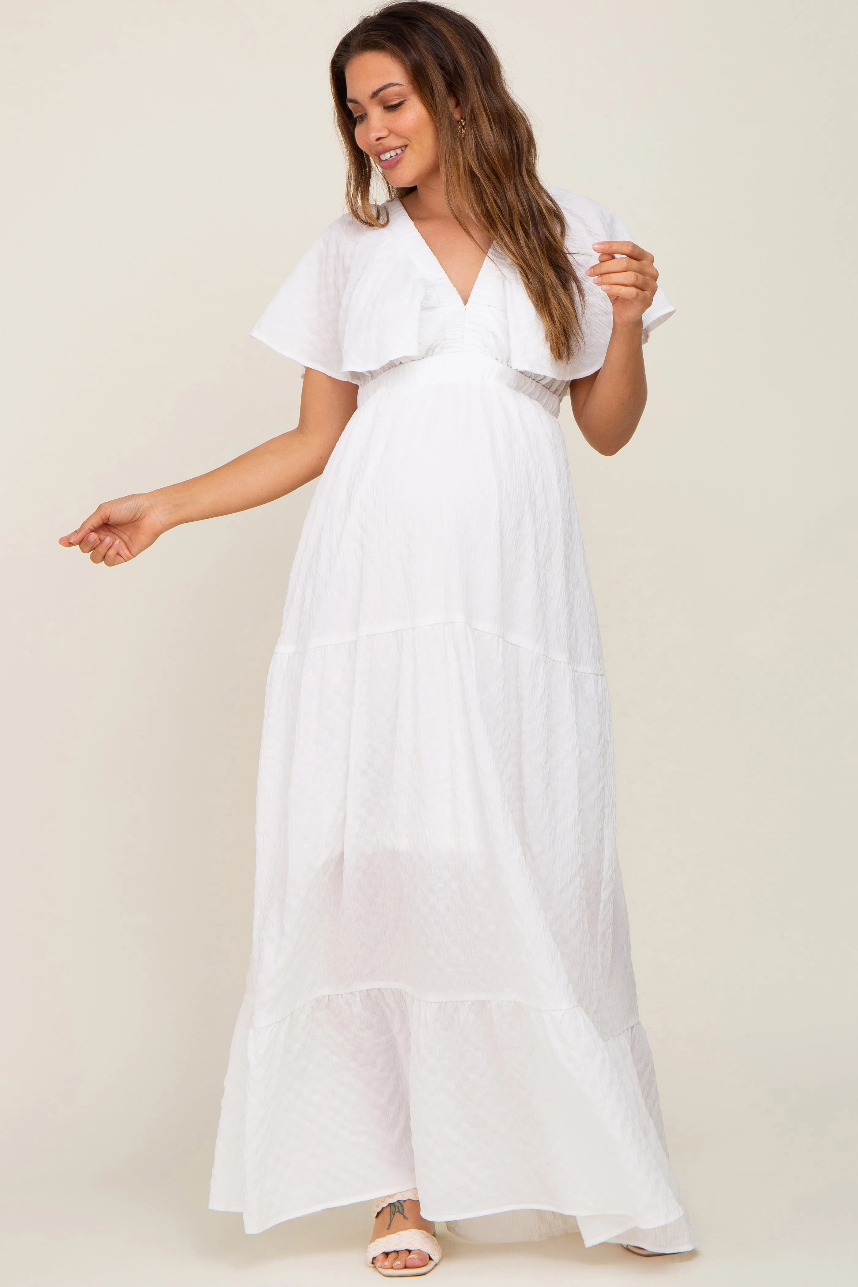 White Crepe Flounce Sleeve Tiered Maternity Maxi Dress sold by Pinkblush