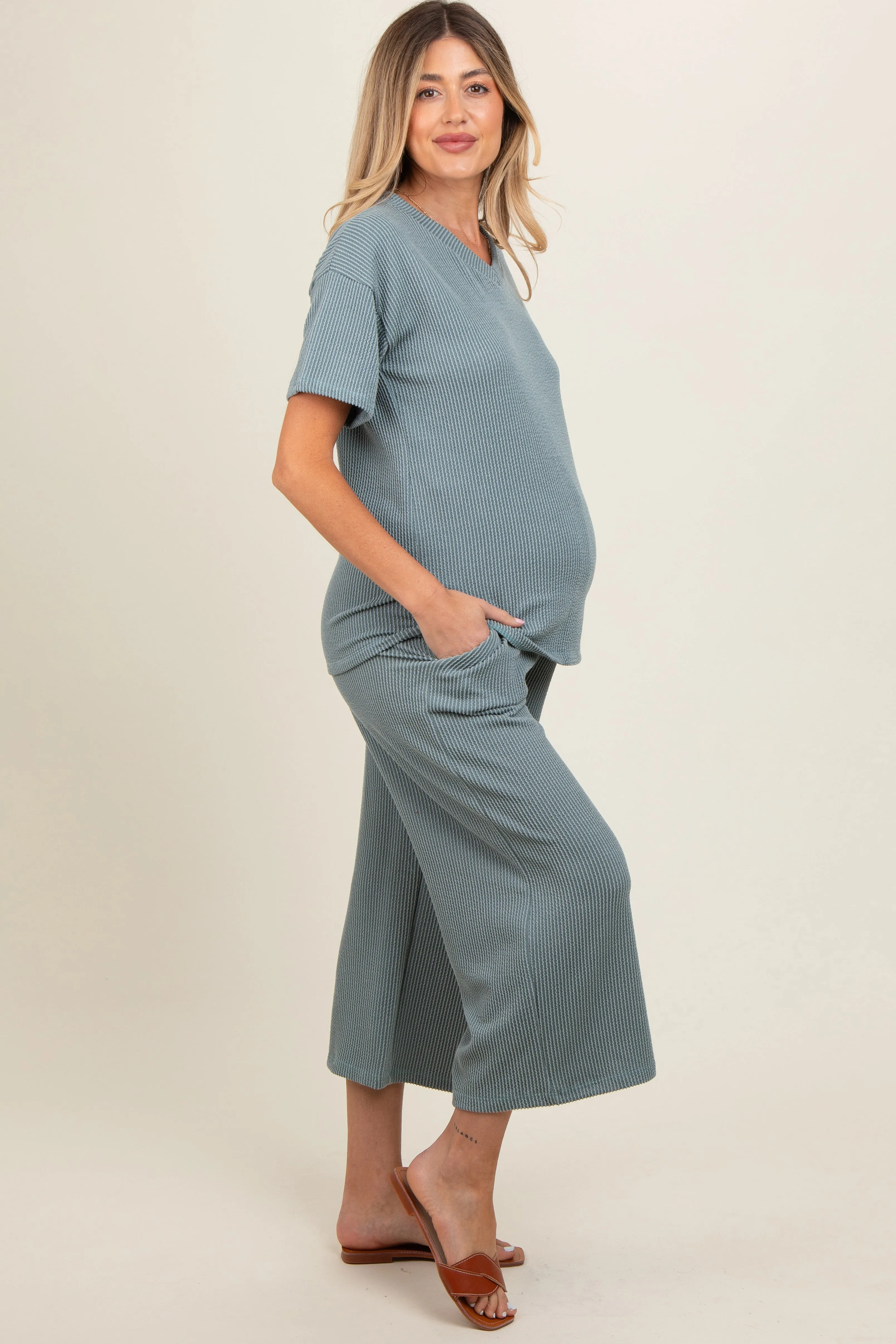 Dark Teal Ribbed Short Sleeve Top Maternity Pajama Set sold by Pinkblush product image thumbnail 3