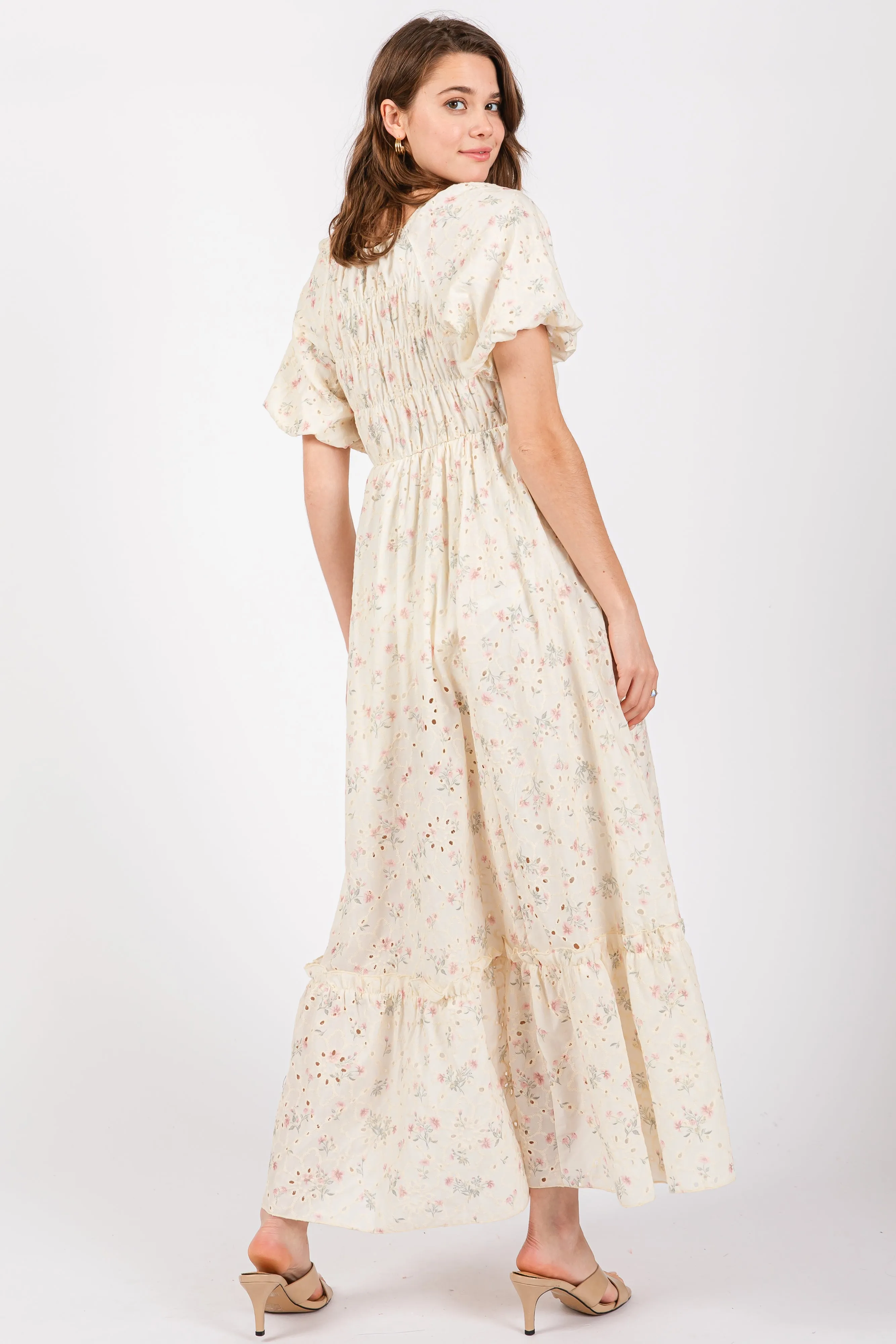 Ivory Floral Eyelet Puff Sleeve Maxi Dress sold by Pinkblush product image thumbnail 3