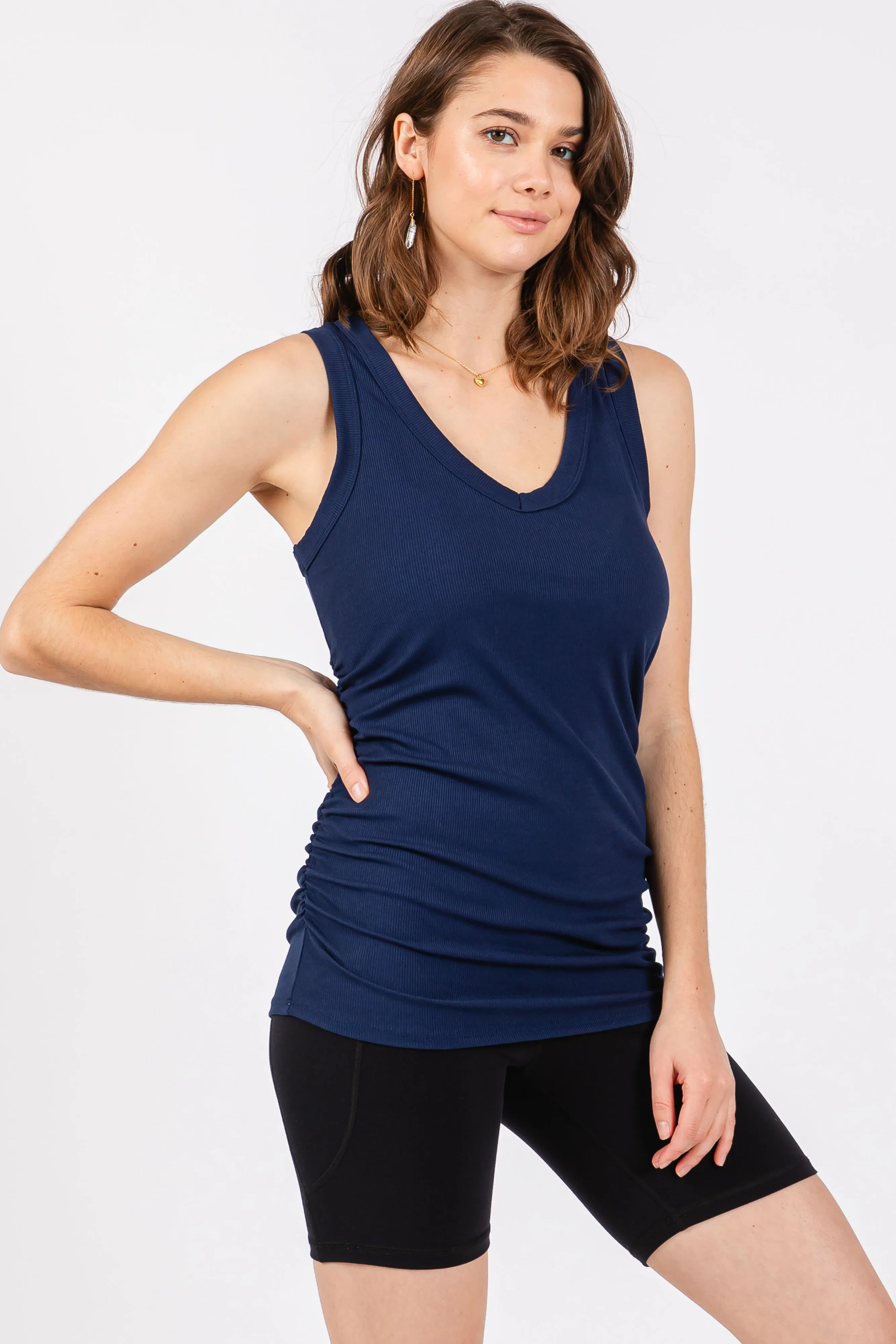 Navy Ribbed Sleeveless Ruched Maternity Tank Top sold by Pinkblush product image thumbnail 3