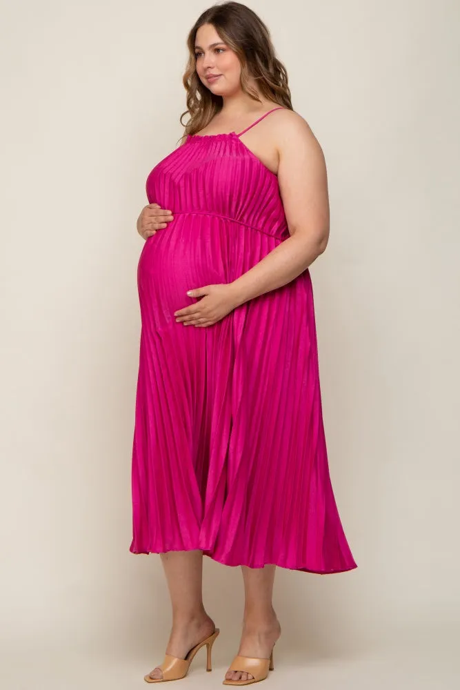 Fuchsia Pleated Sleeveless Waist Tie Maternity Plus Maxi Dress sold by Pinkblush product image thumbnail 2