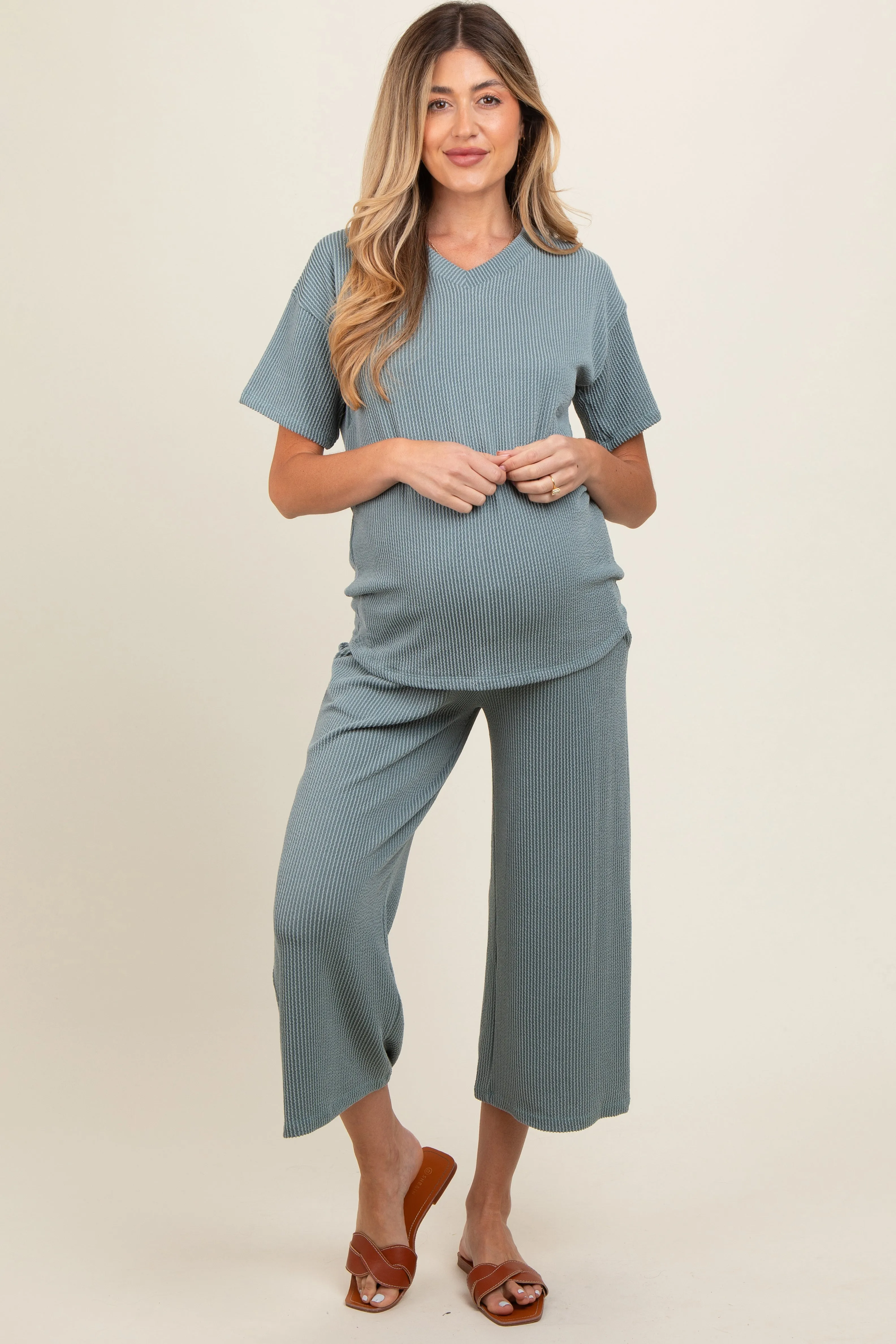 Dark Teal Ribbed Short Sleeve Top Maternity Pajama Set sold by Pinkblush