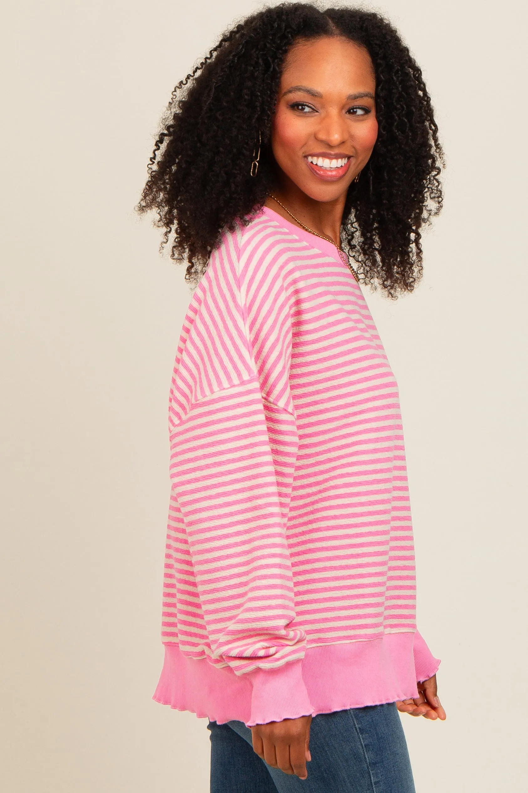 Pink Striped Ruffle Hem Long Sleeve Top sold by Pinkblush product image thumbnail 4