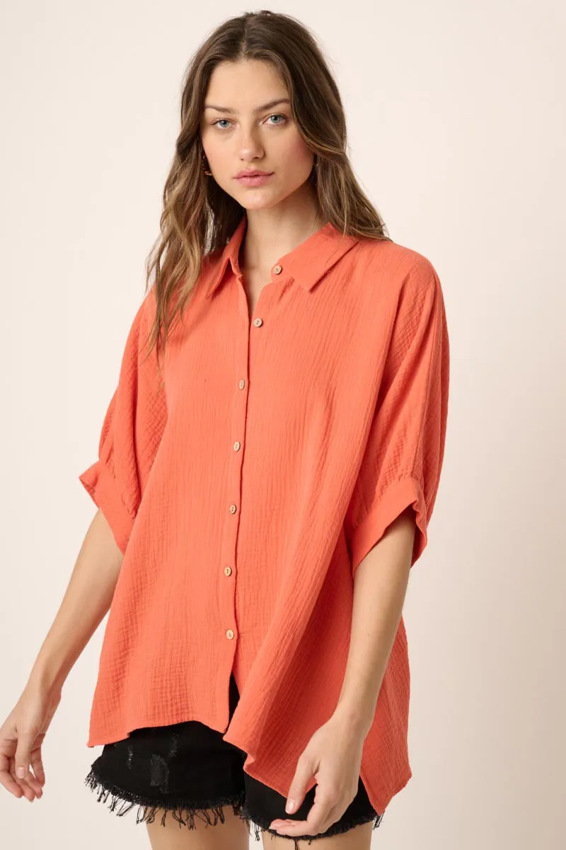 Orange Button Down Collared Top sold by Pinkblush