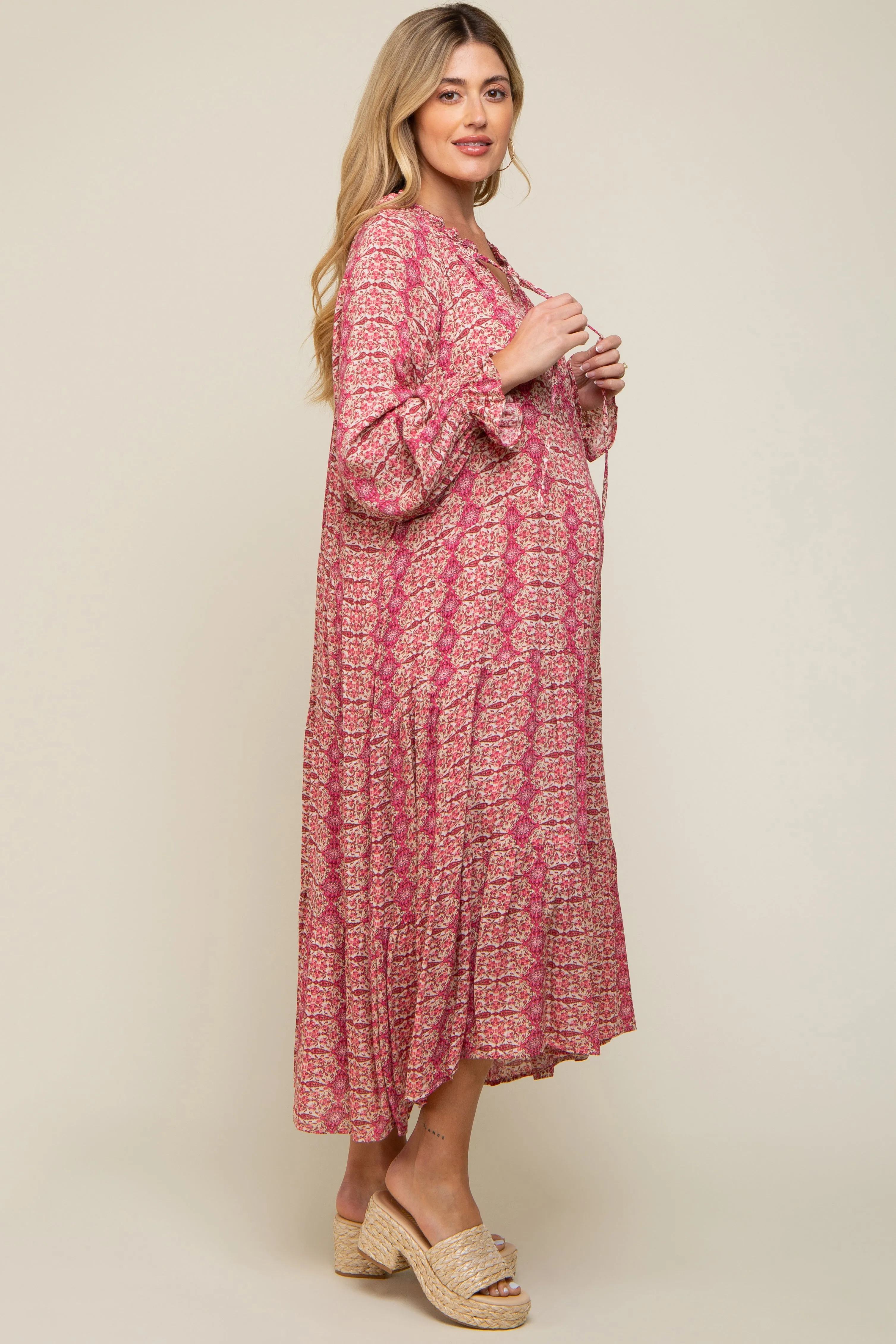Pink Floral Front Tie Tiered Maternity Midi Dress sold by Pinkblush product image thumbnail 3
