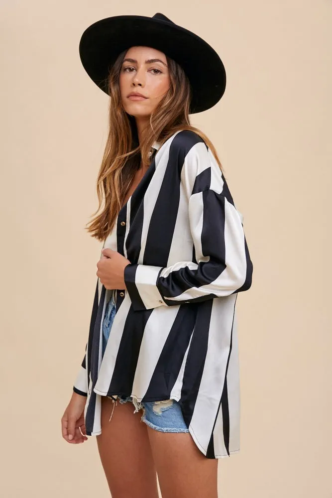 Black Ivory Wide Striped Satin Relaxed Fit Woven Blouse sold by Pinkblush product image thumbnail 2