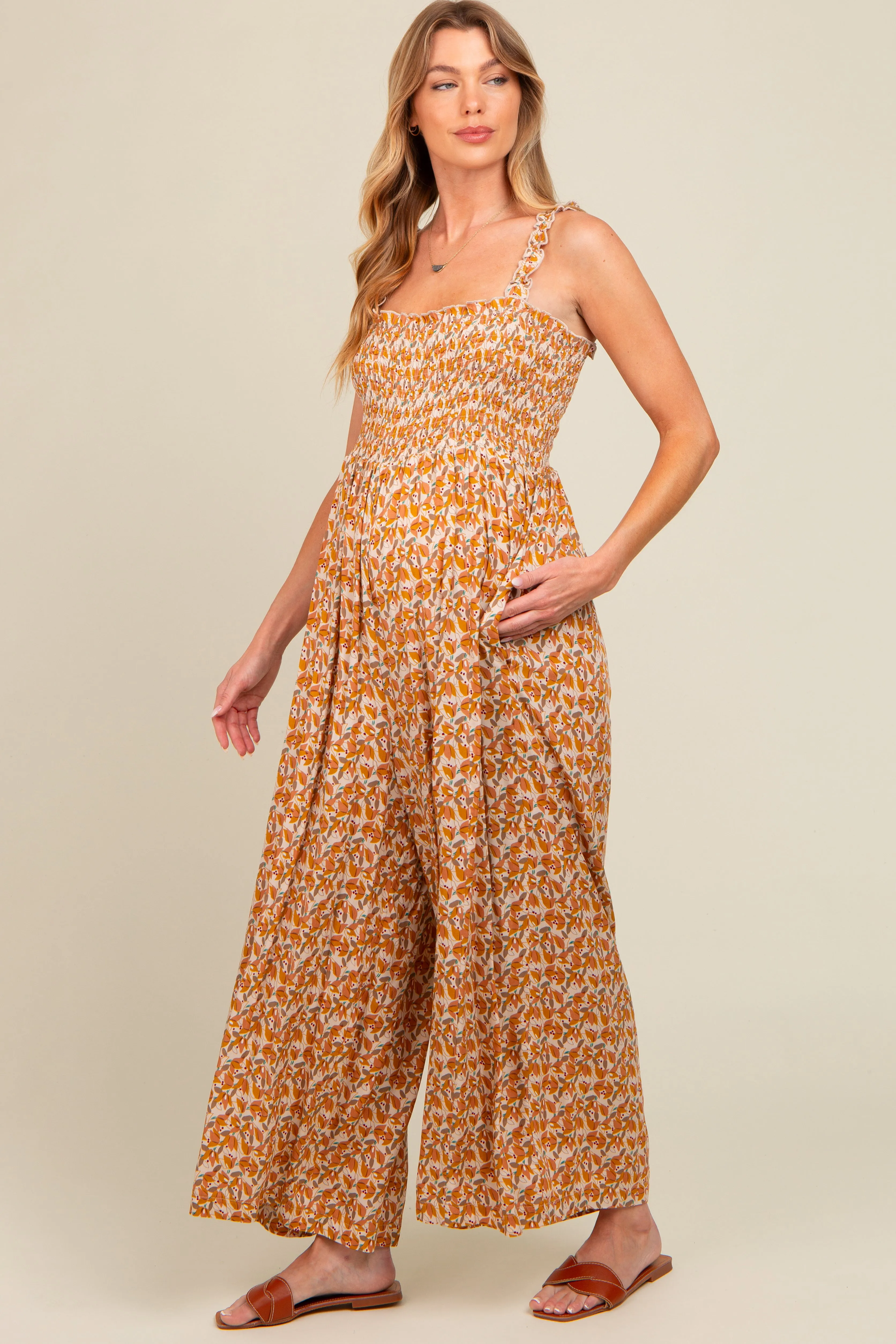 Yellow Printed Smocked Wide Leg Maternity Jumpsuit sold by Pinkblush product image thumbnail 3