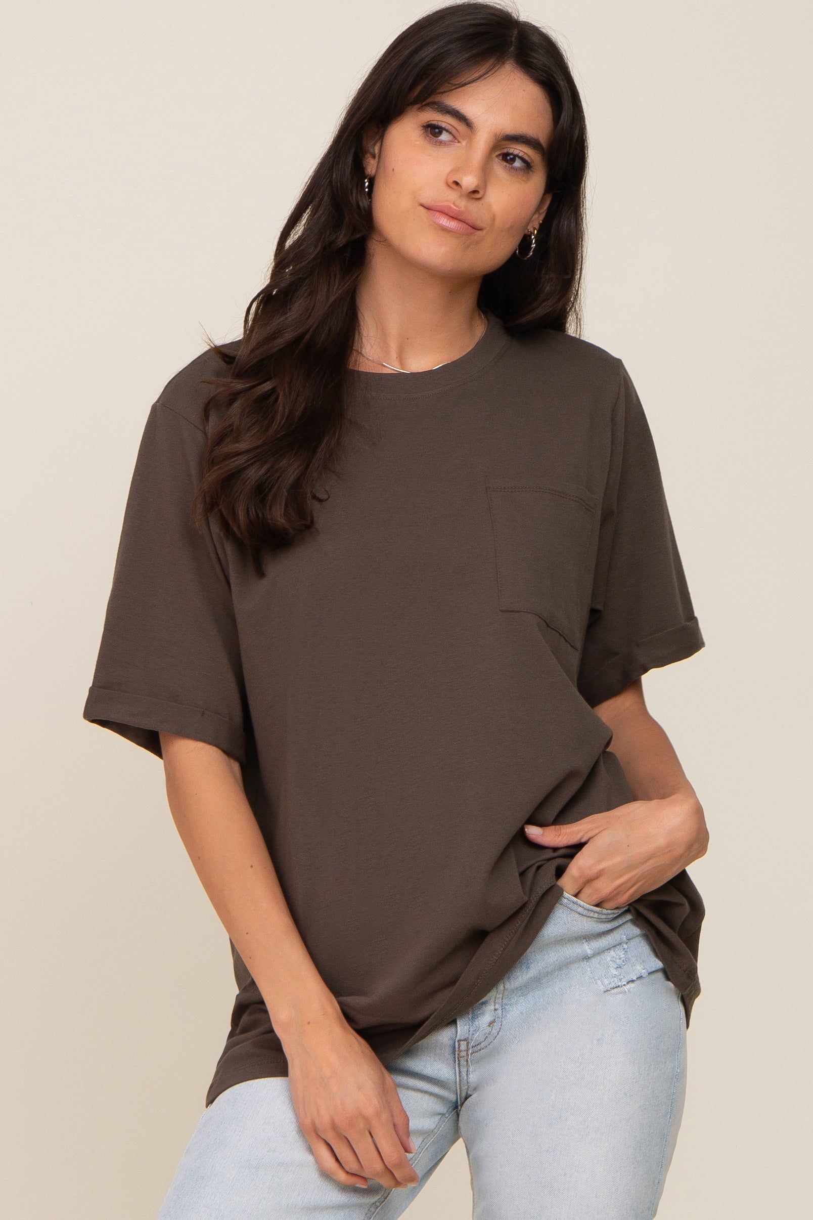 Olive Oversized Pocket Front Short Sleeve Top sold by Pinkblush