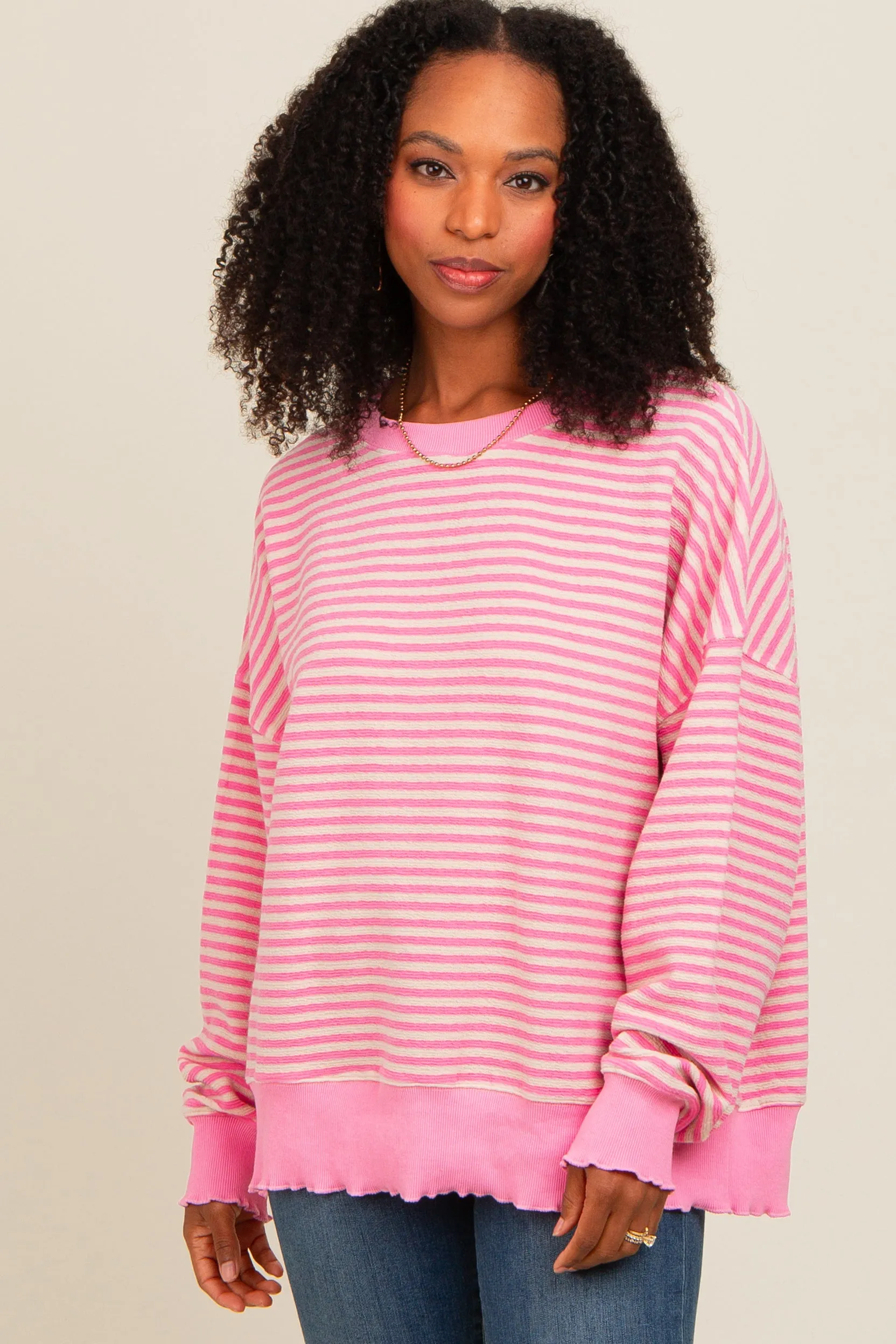 Pink Striped Ruffle Hem Long Sleeve Top sold by Pinkblush product image thumbnail 2