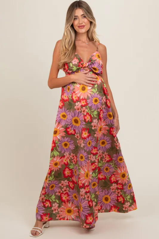 Olive Floral Cutout V-Neck Maternity Maxi Dress made by Pinkblush
