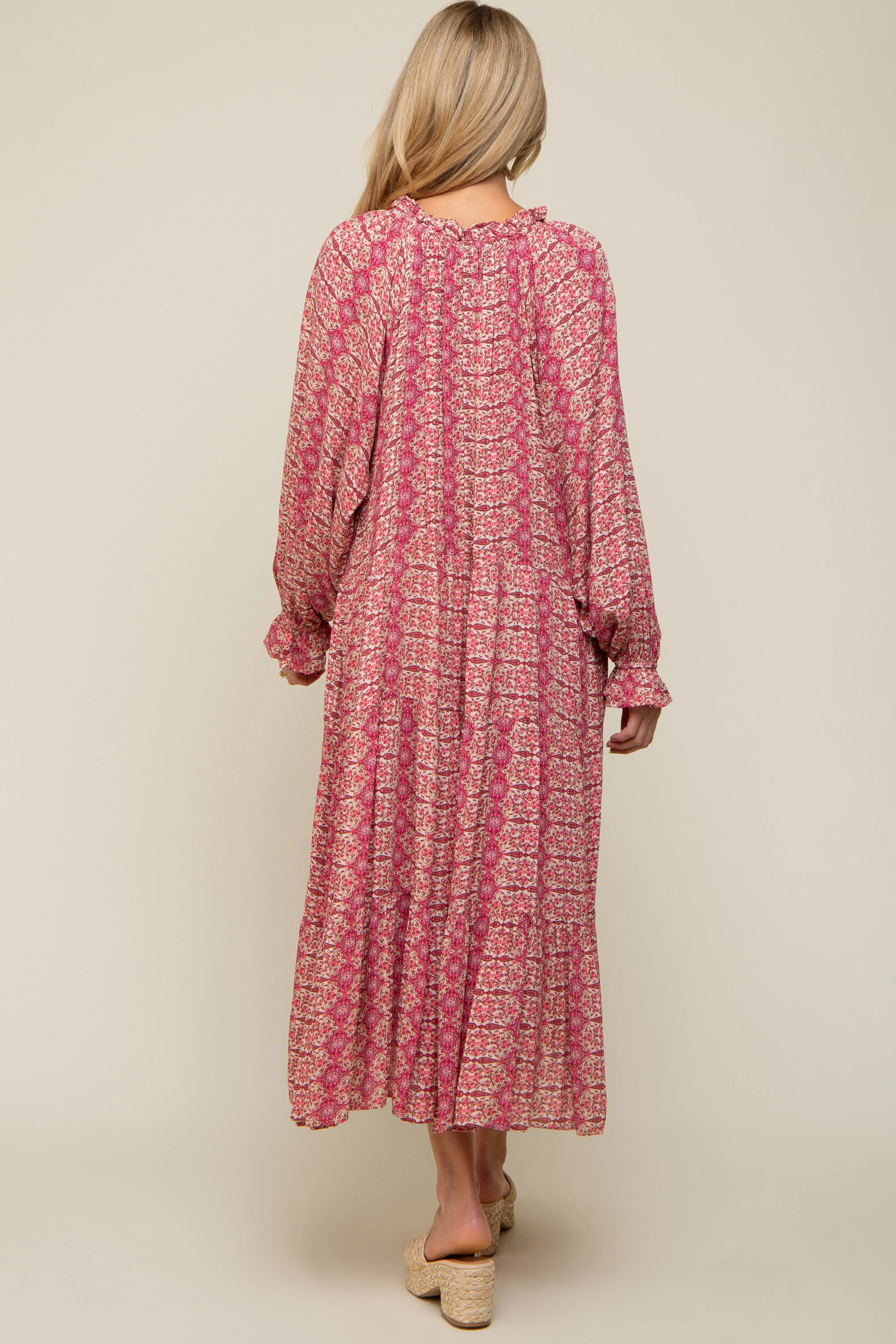 Pink Floral Front Tie Tiered Maternity Midi Dress sold by Pinkblush product image thumbnail 4