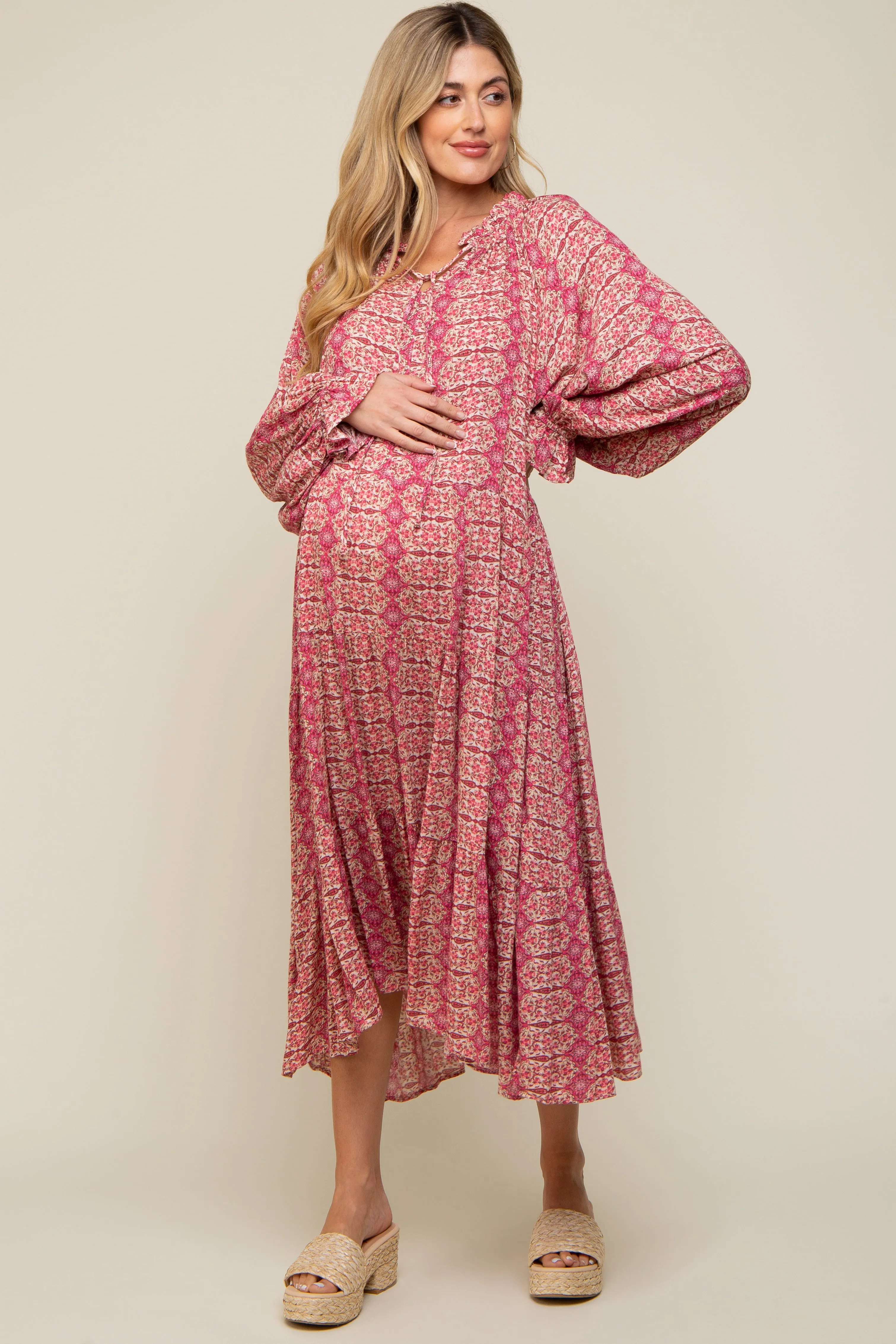 Pink Floral Front Tie Tiered Maternity Midi Dress sold by Pinkblush