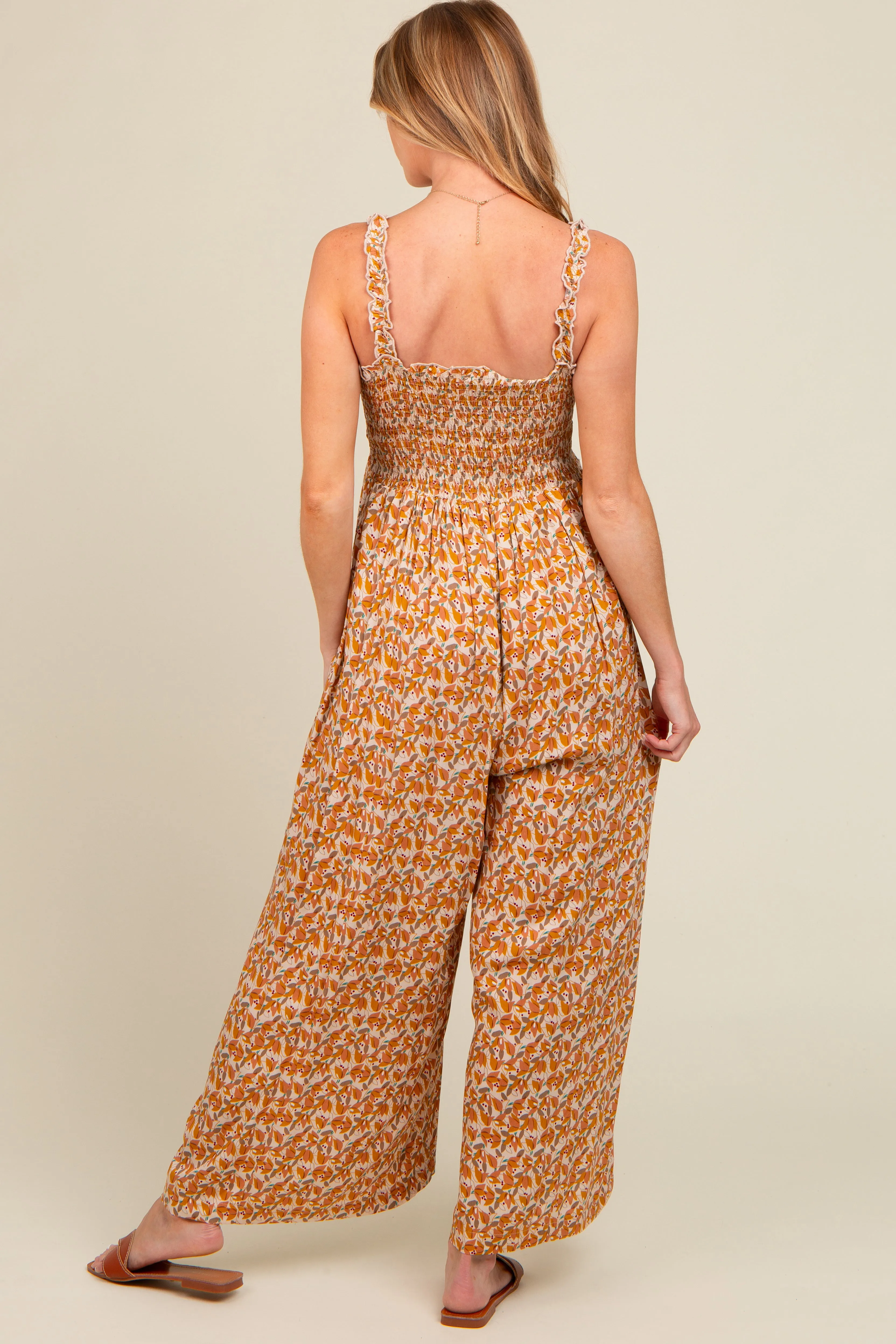 Yellow Printed Smocked Wide Leg Maternity Jumpsuit sold by Pinkblush product image thumbnail 4