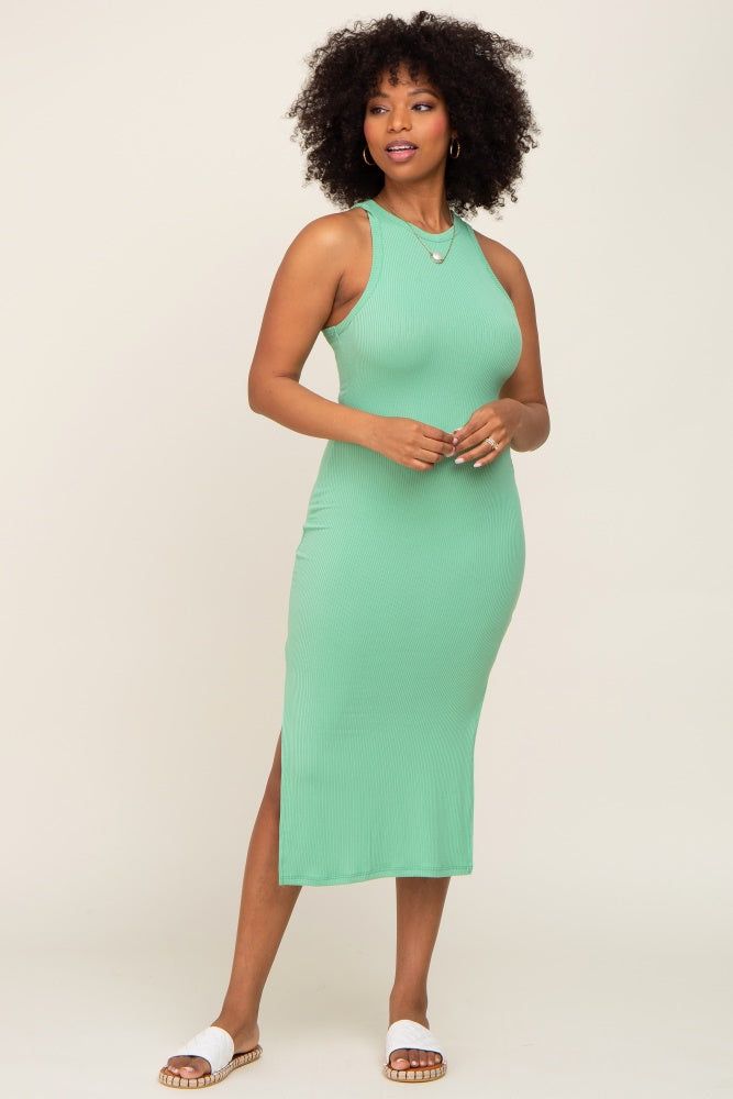 Green Ribbed Sleeveless Side Slit Midi Dress sold by Pinkblush