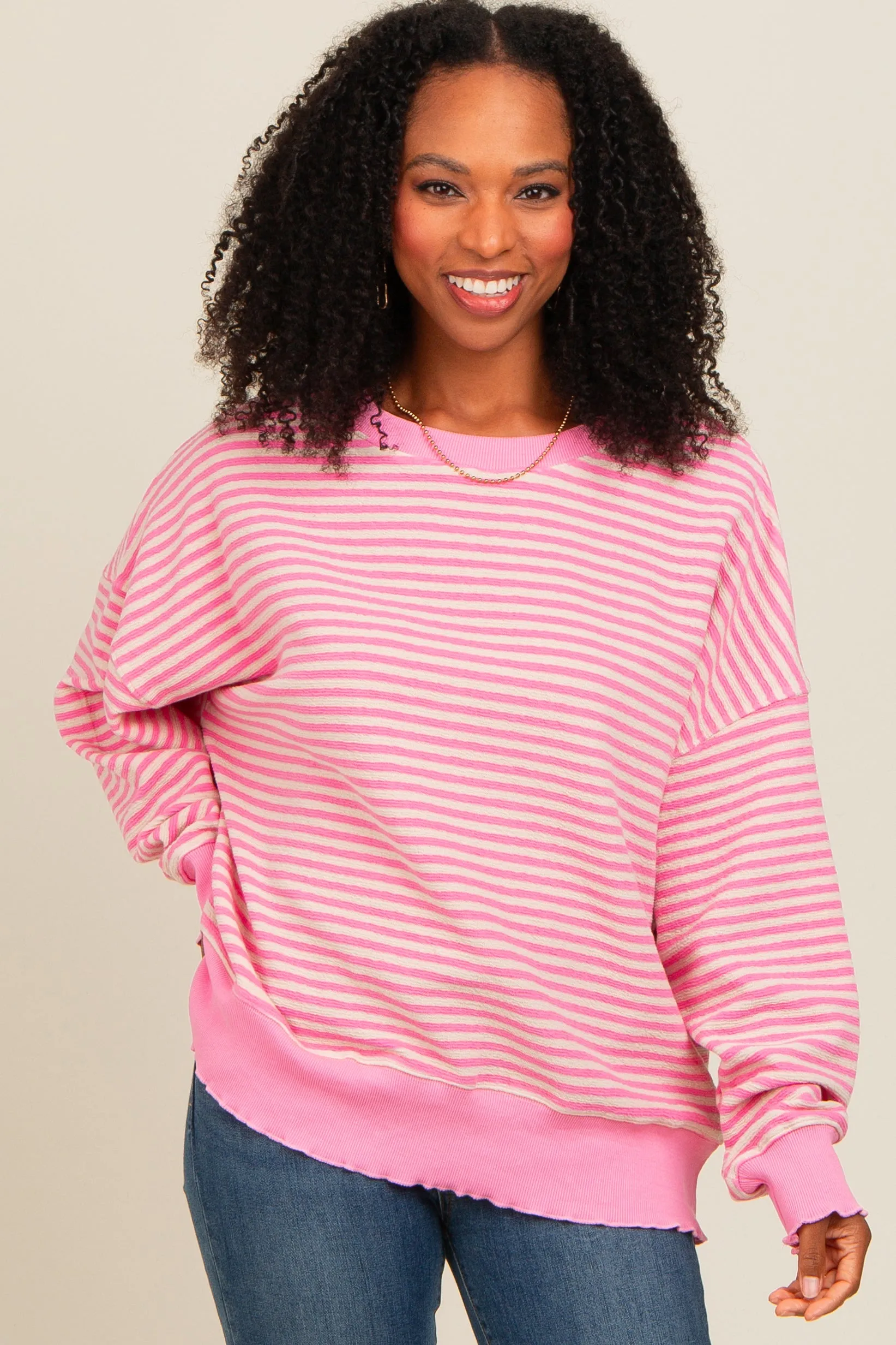 Pink Striped Ruffle Hem Long Sleeve Top sold by Pinkblush product image thumbnail 3