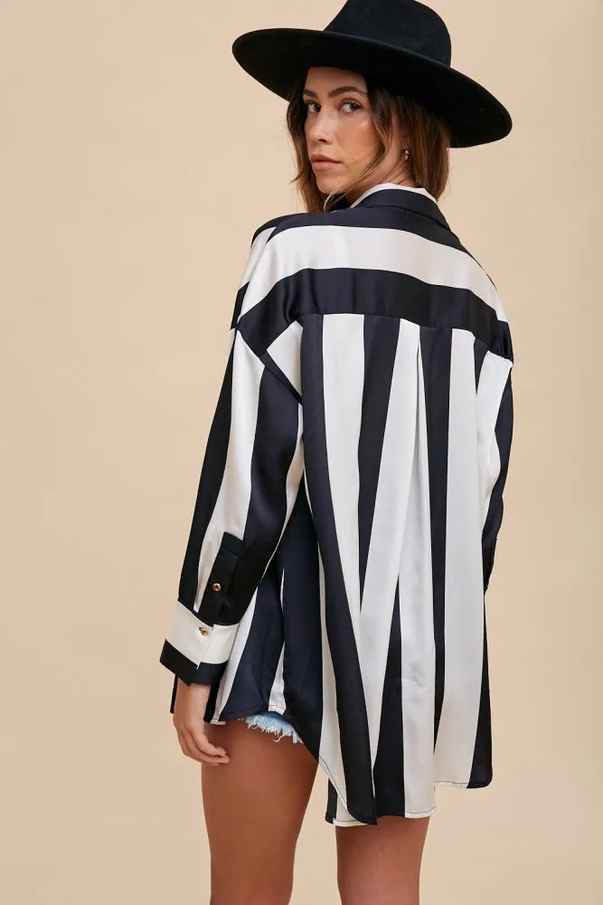 Black Ivory Wide Striped Satin Relaxed Fit Woven Blouse sold by Pinkblush product image thumbnail 4