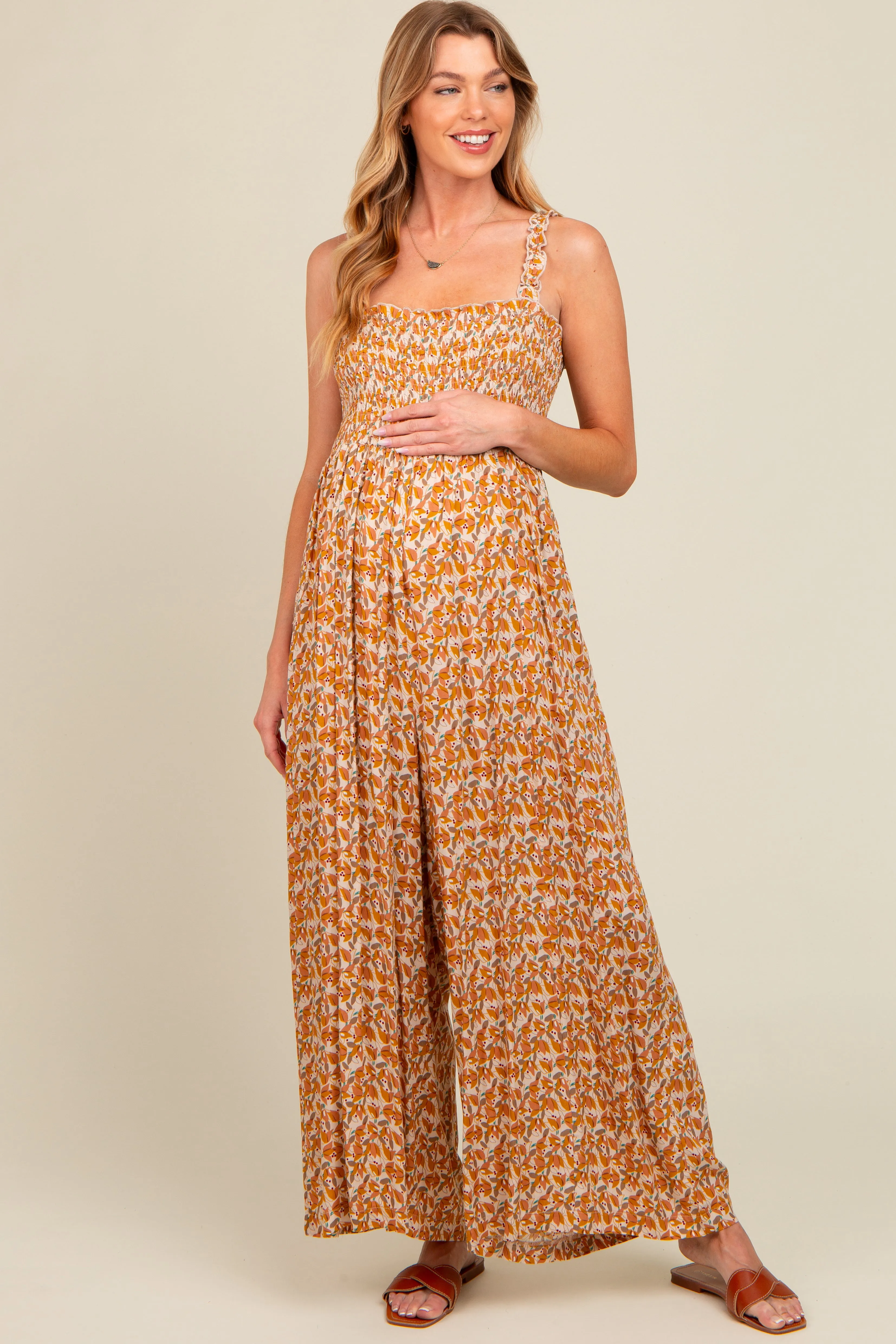 Yellow Printed Smocked Wide Leg Maternity Jumpsuit sold by Pinkblush product image thumbnail 2