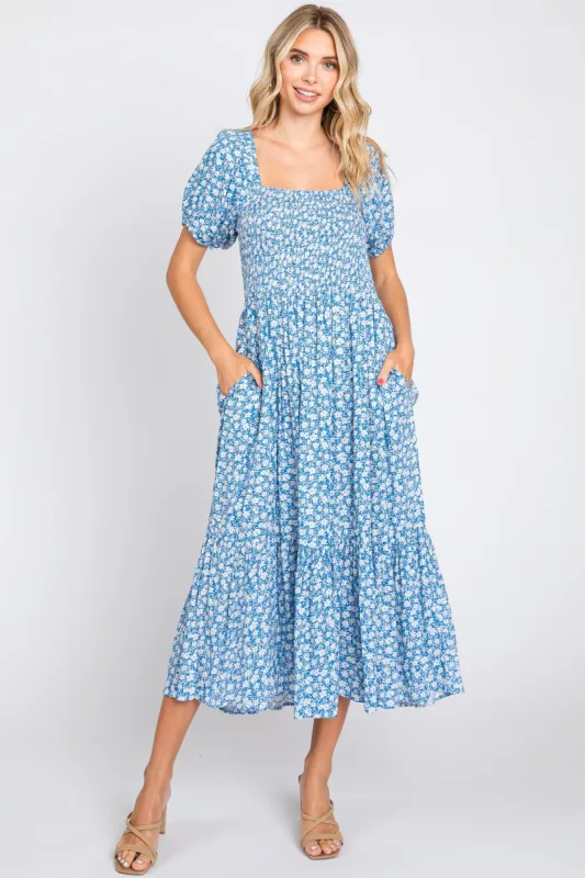 Blue Floral Smocked Short Sleeve Midi Dress sold by Pinkblush