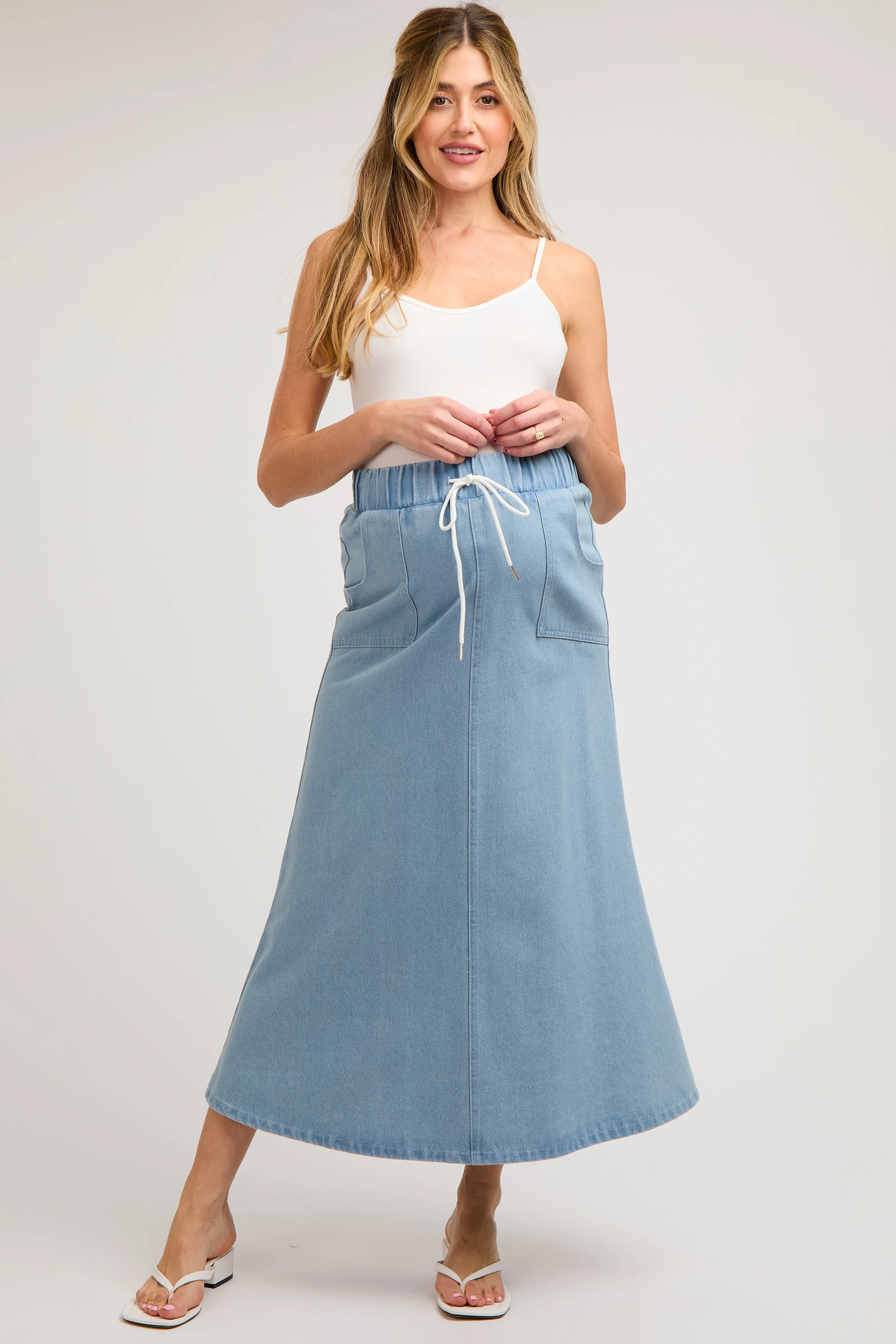 Light Blue Denim Front Tie Maternity Maxi Skirt sold by Pinkblush