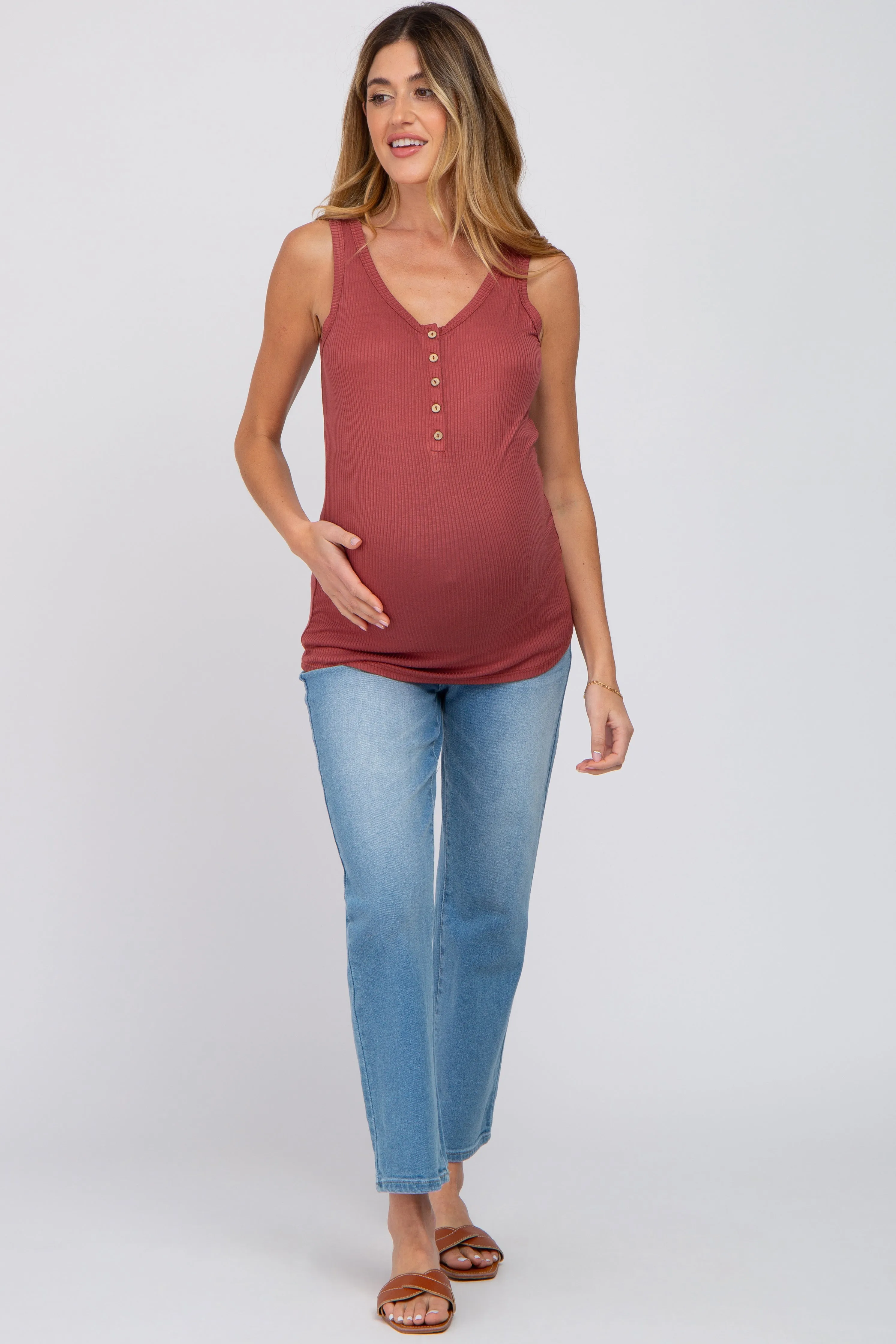 Rust Ribbed Button Up Maternity Tank Top sold by Pinkblush product image thumbnail 4