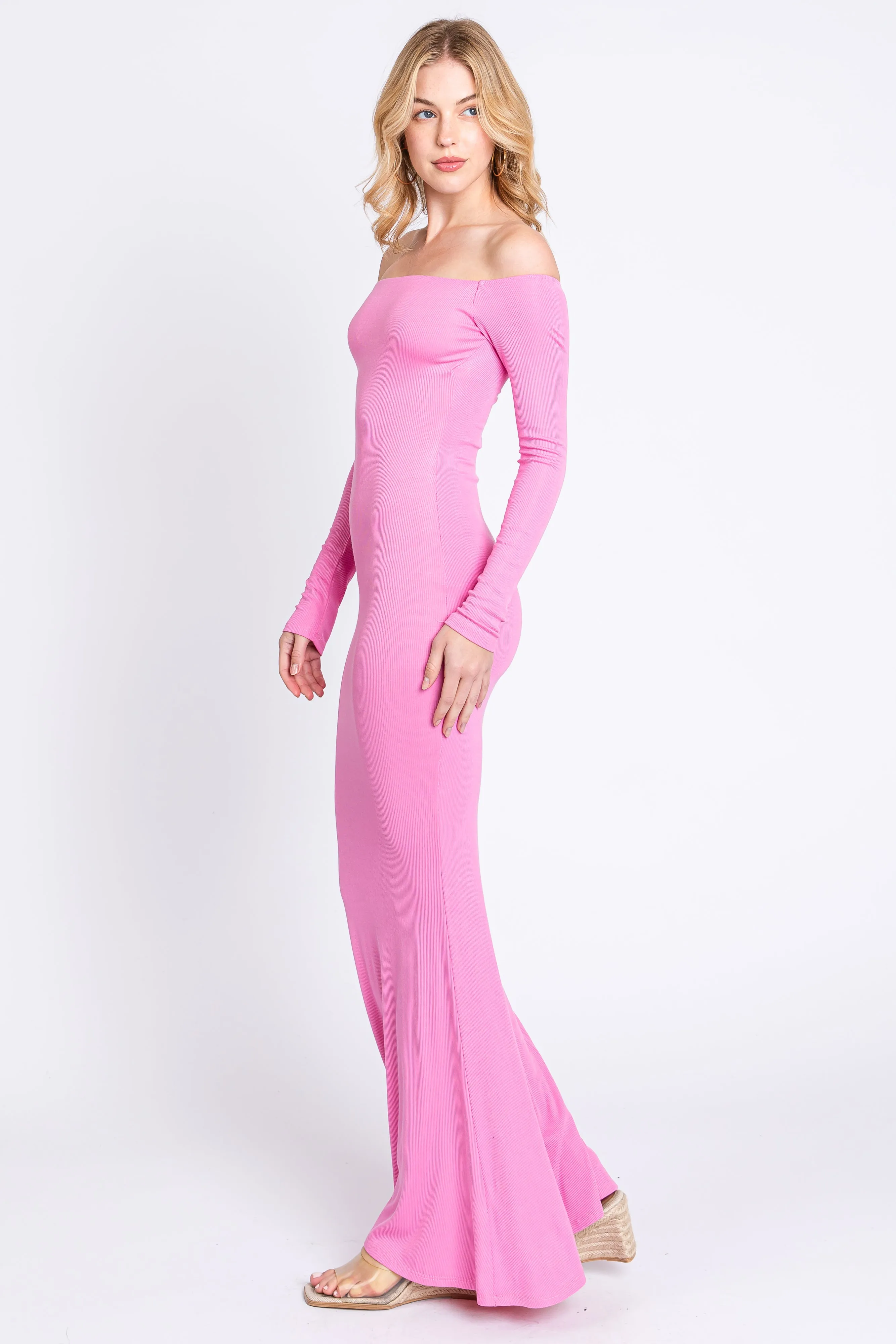 Pink Ribbed Off Shoulder Long Sleeve Maxi Dress sold by Pinkblush product image thumbnail 2