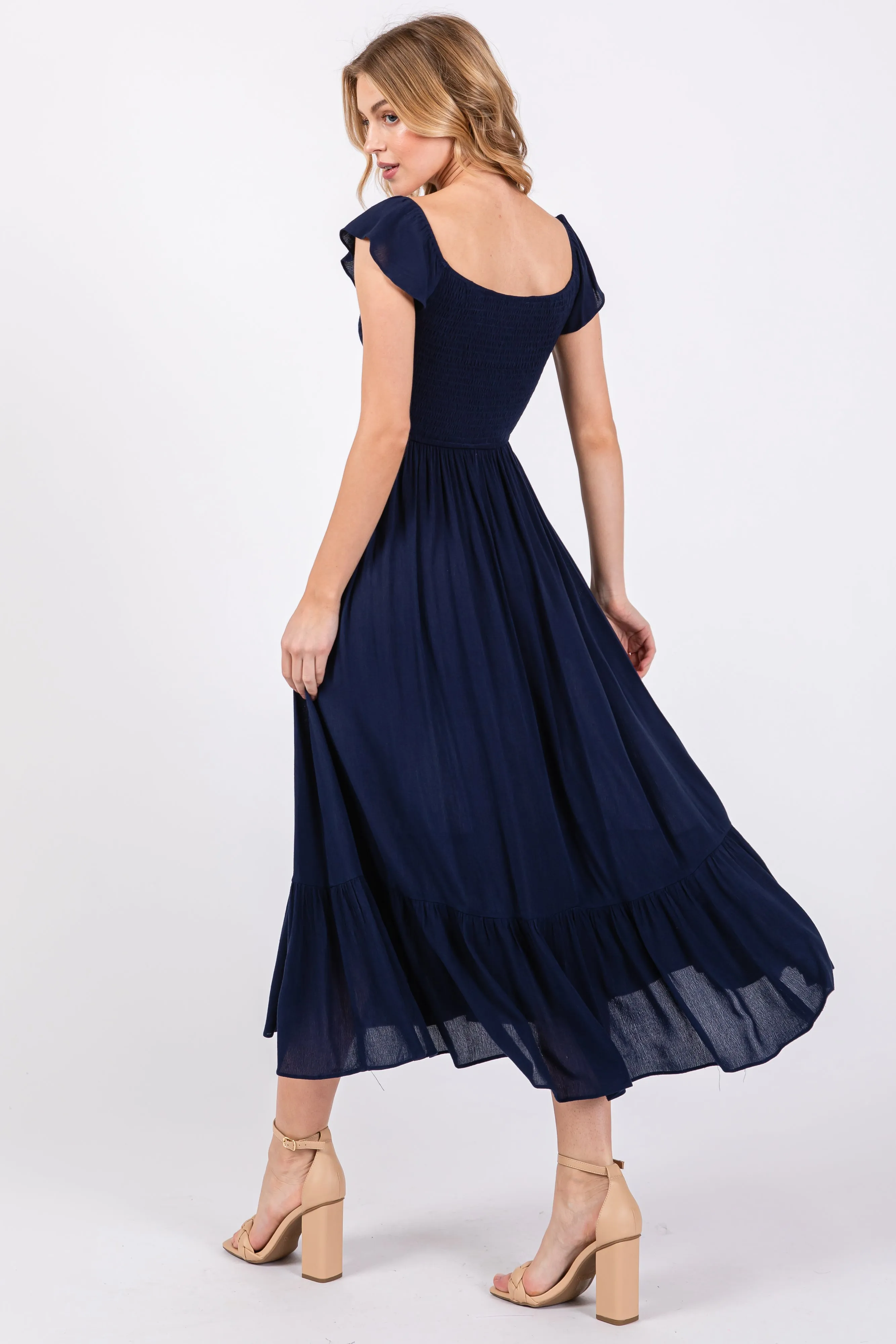 Navy Smocked Ruched Ruffle Hem Maxi Dress sold by Pinkblush product image thumbnail 3