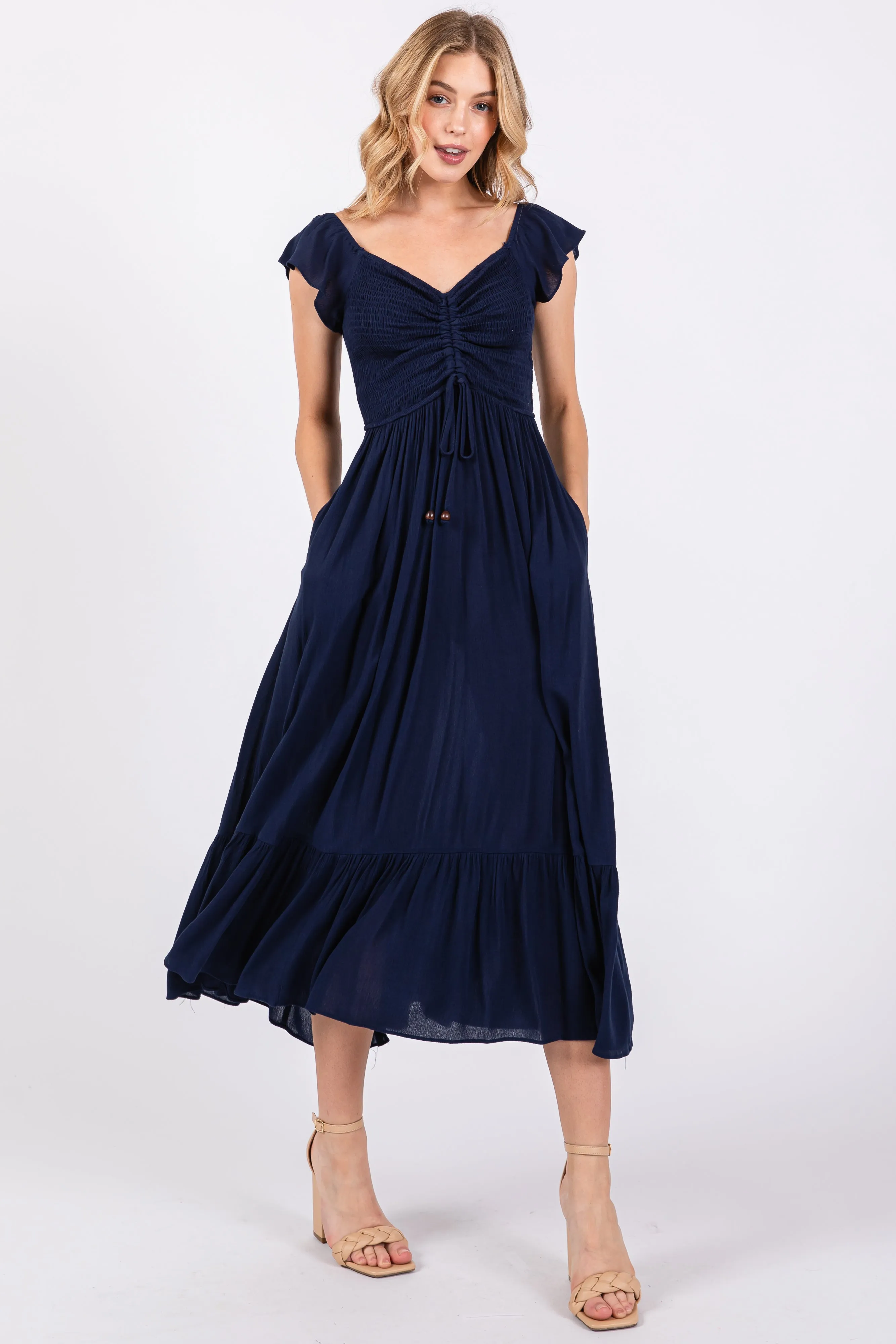 Navy Smocked Ruched Ruffle Hem Maxi Dress sold by Pinkblush