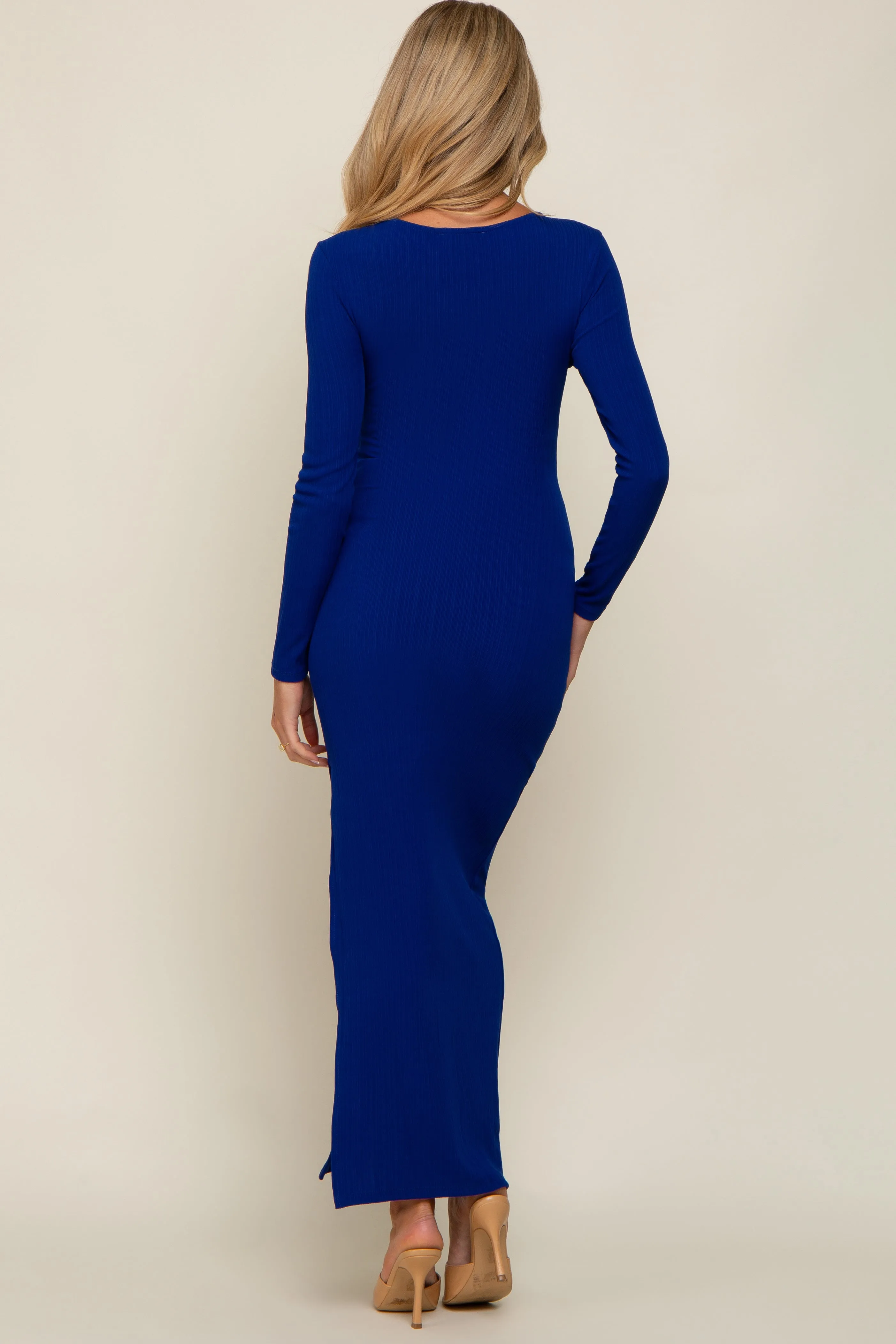 Royal Ribbed Long Sleeve Side Slit Maternity Maxi Dress sold by Pinkblush product image thumbnail 3