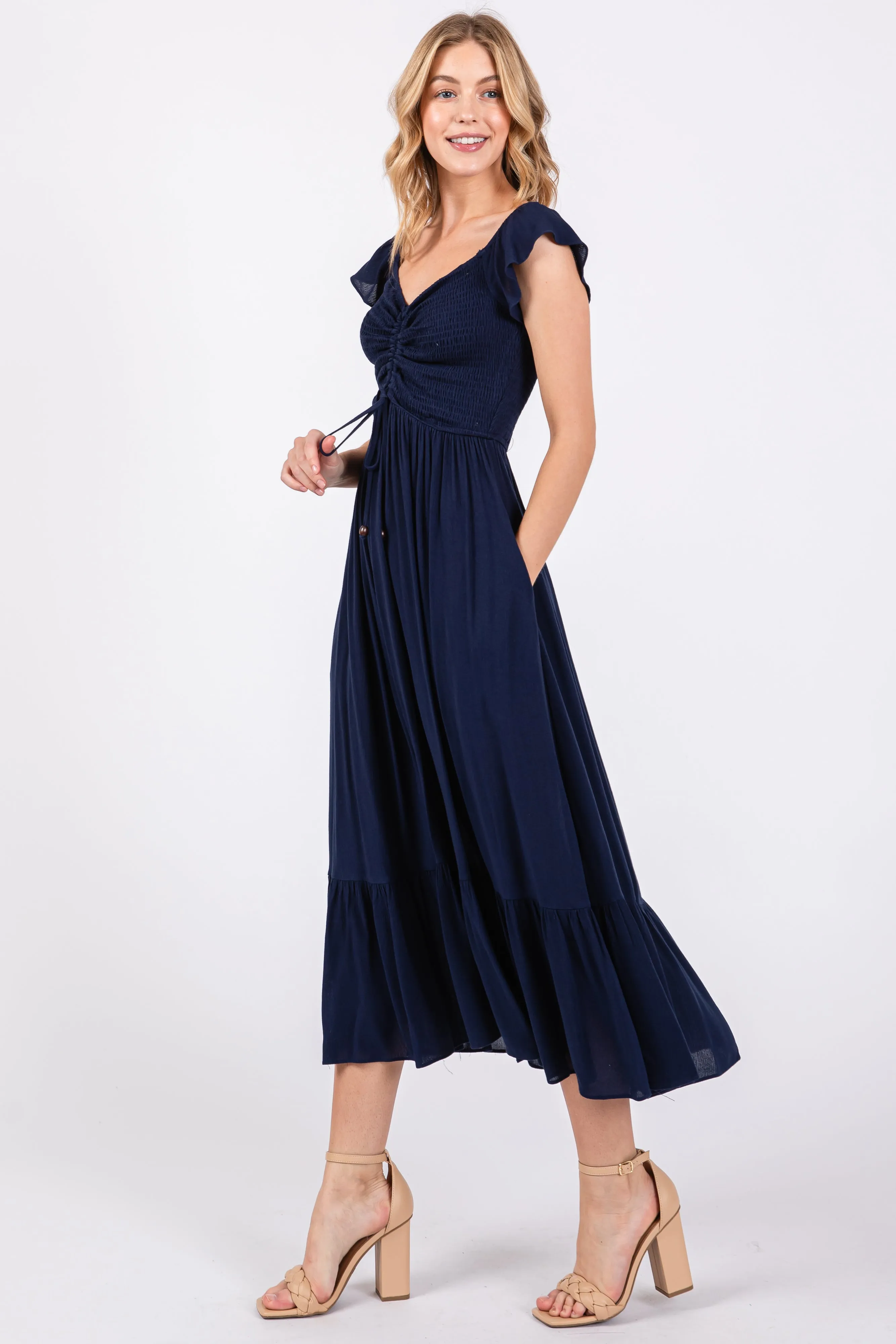 Navy Smocked Ruched Ruffle Hem Maxi Dress sold by Pinkblush product image thumbnail 2