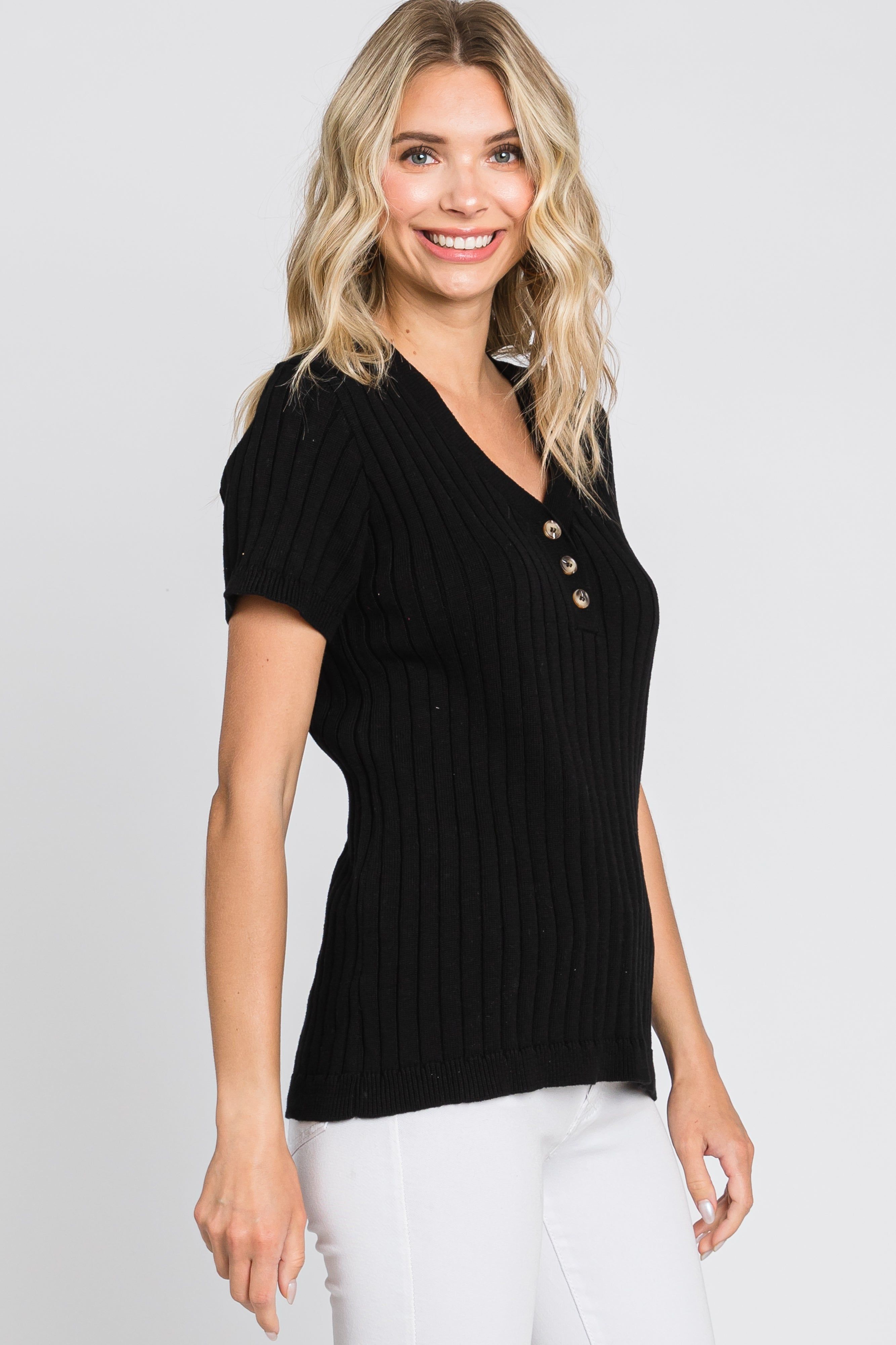 Black Ribbed Knit Button Top sold by Pinkblush product image thumbnail 2