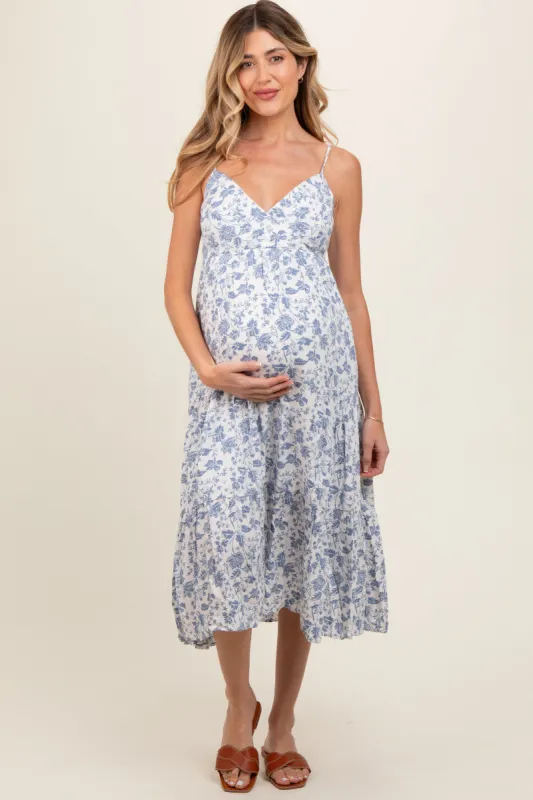 Blue Floral Sleeveless Tiered Maternity Midi Dress sold by Pinkblush
