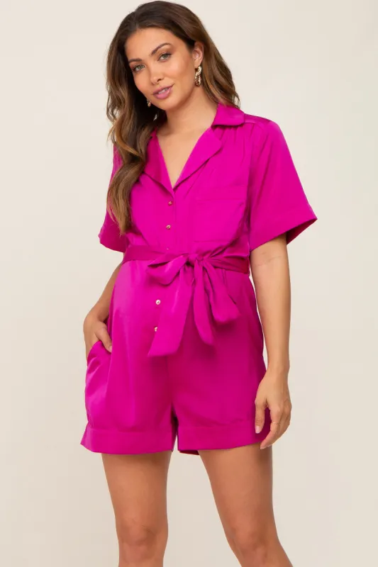 Fuchsia Satin Button Down Maternity Romper sold by Pinkblush