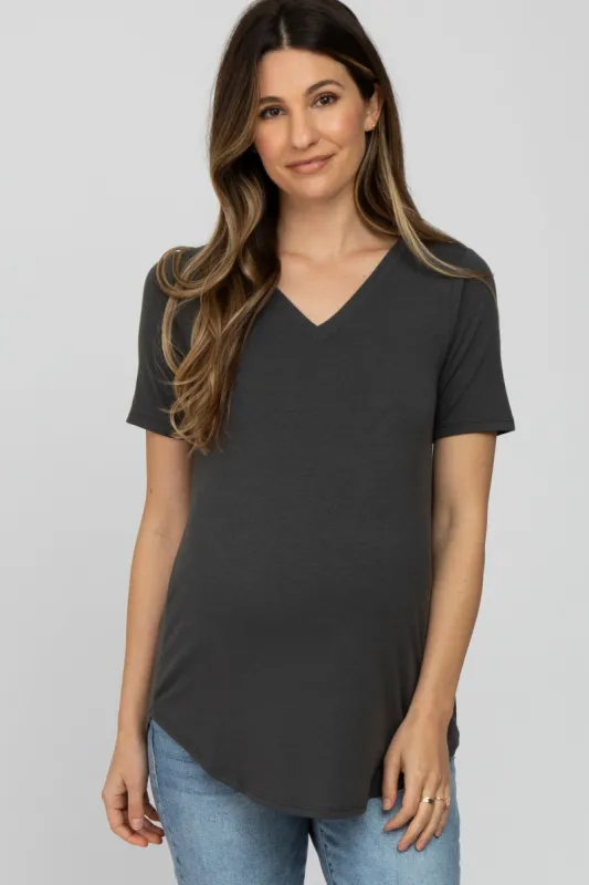 Dark Grey V-Neck Maternity Short Sleeve Round Hem Top sold by Pinkblush