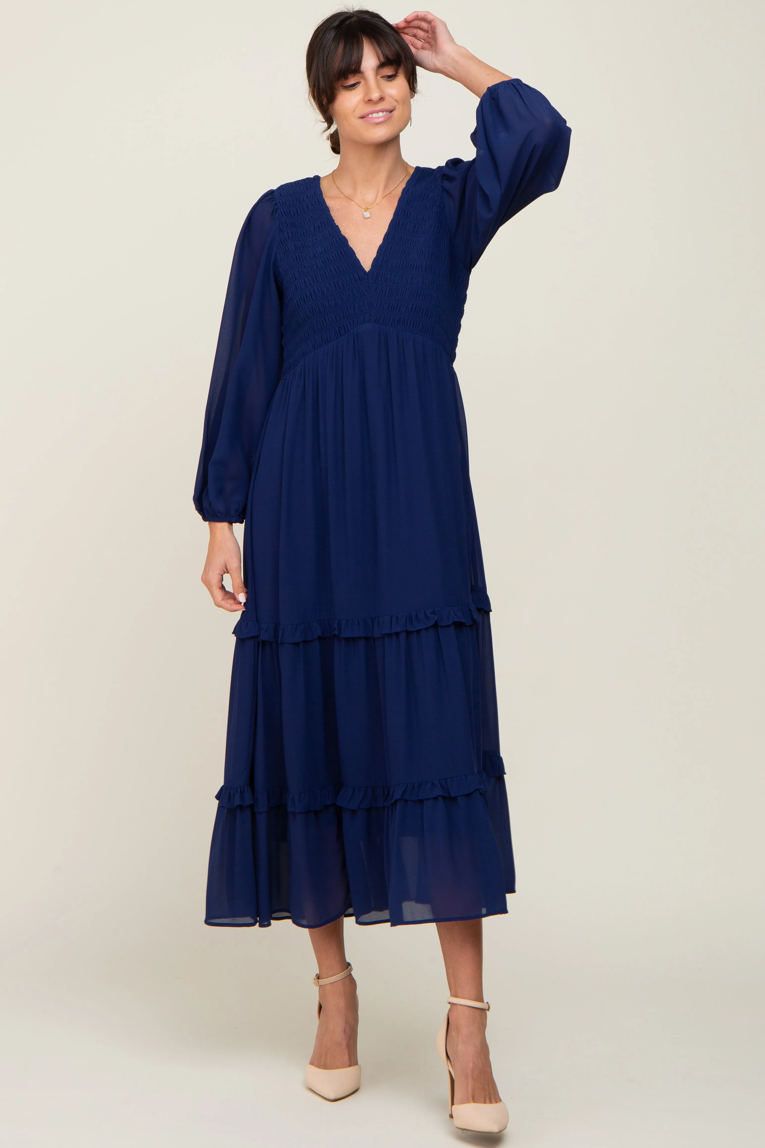 Navy Blue Smocked Tiered Dress sold by Pinkblush product image thumbnail 4