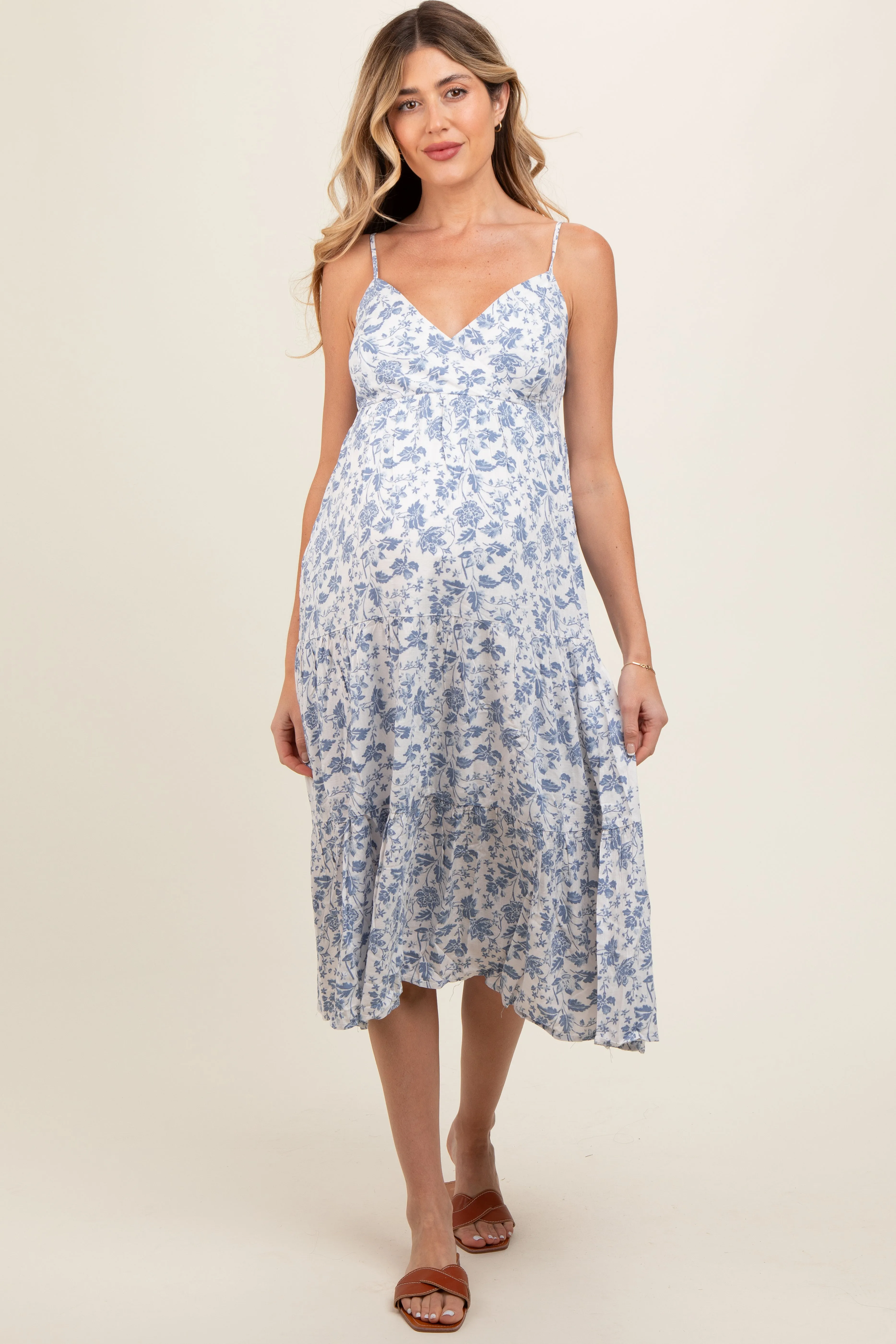 Blue Floral Sleeveless Tiered Maternity Midi Dress sold by Pinkblush product image thumbnail 2