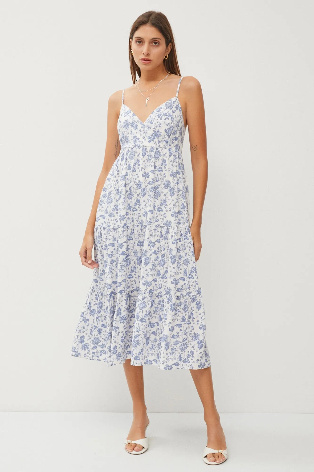 Blue Floral Sleeveless Tiered Maternity Midi Dress sold by Pinkblush product image thumbnail 5