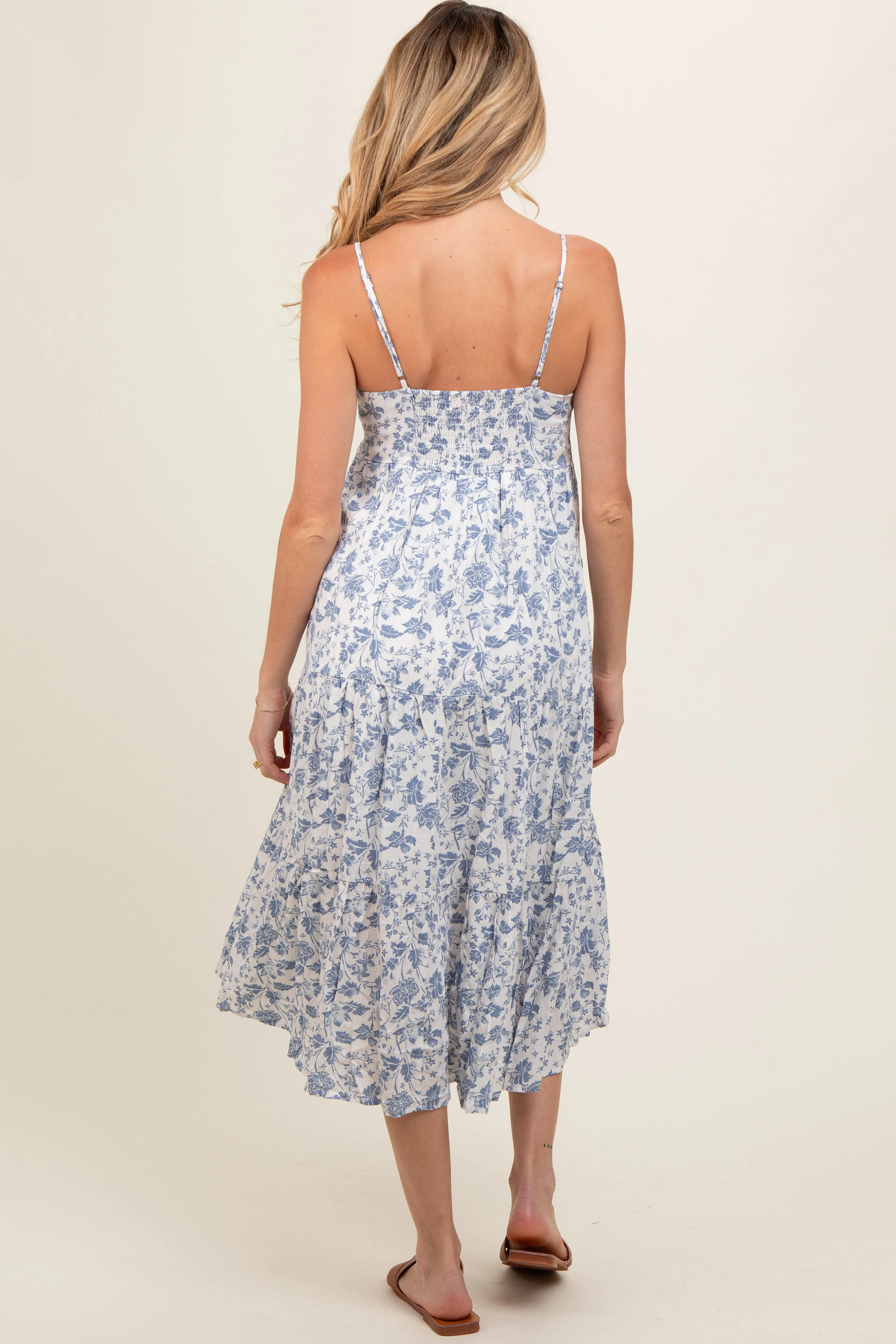 Blue Floral Sleeveless Tiered Maternity Midi Dress sold by Pinkblush product image thumbnail 4